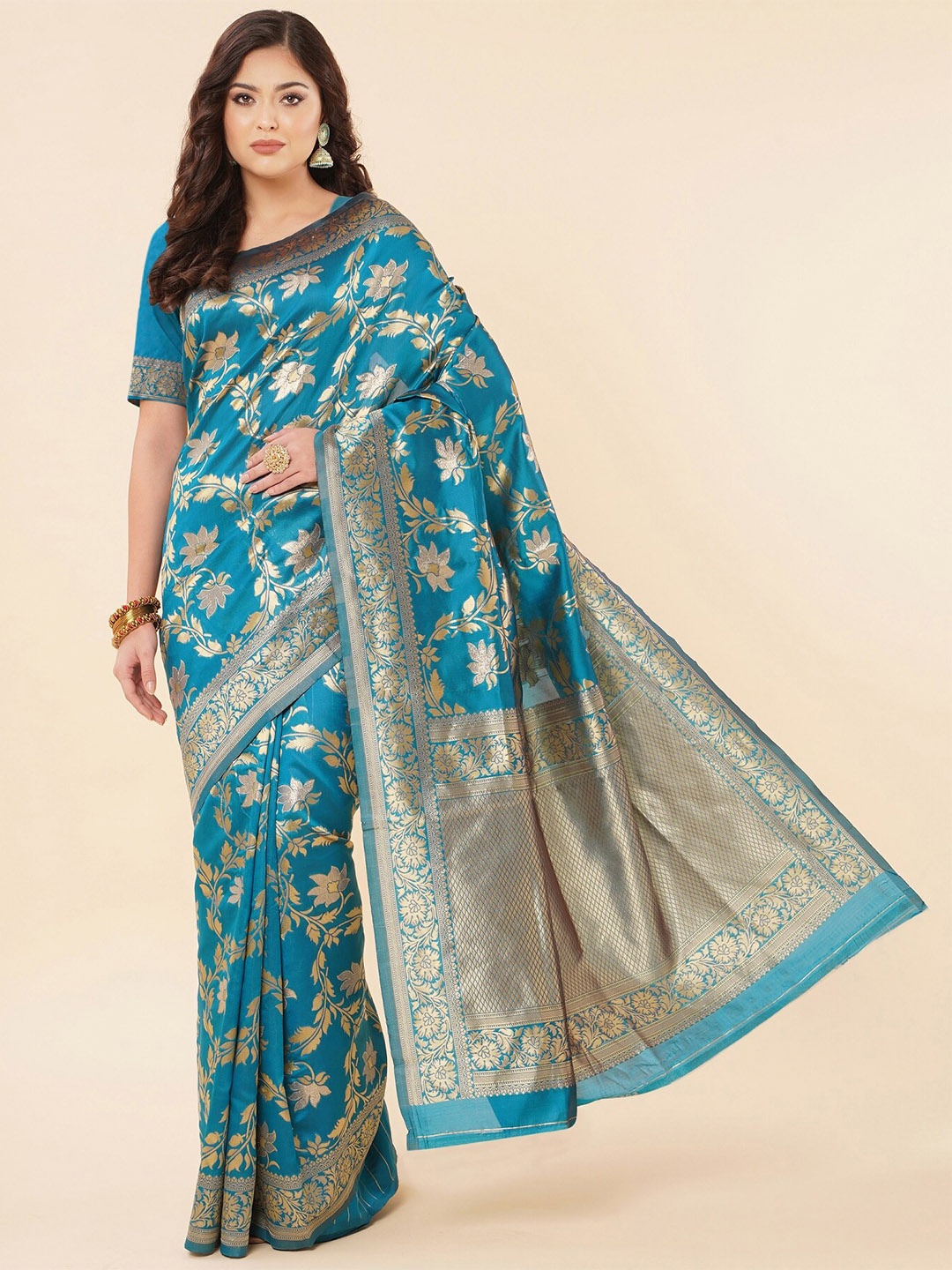 

Fashion Booms Floral Woven Design Zari Pure Silk Kanjeevaram Saree, Blue