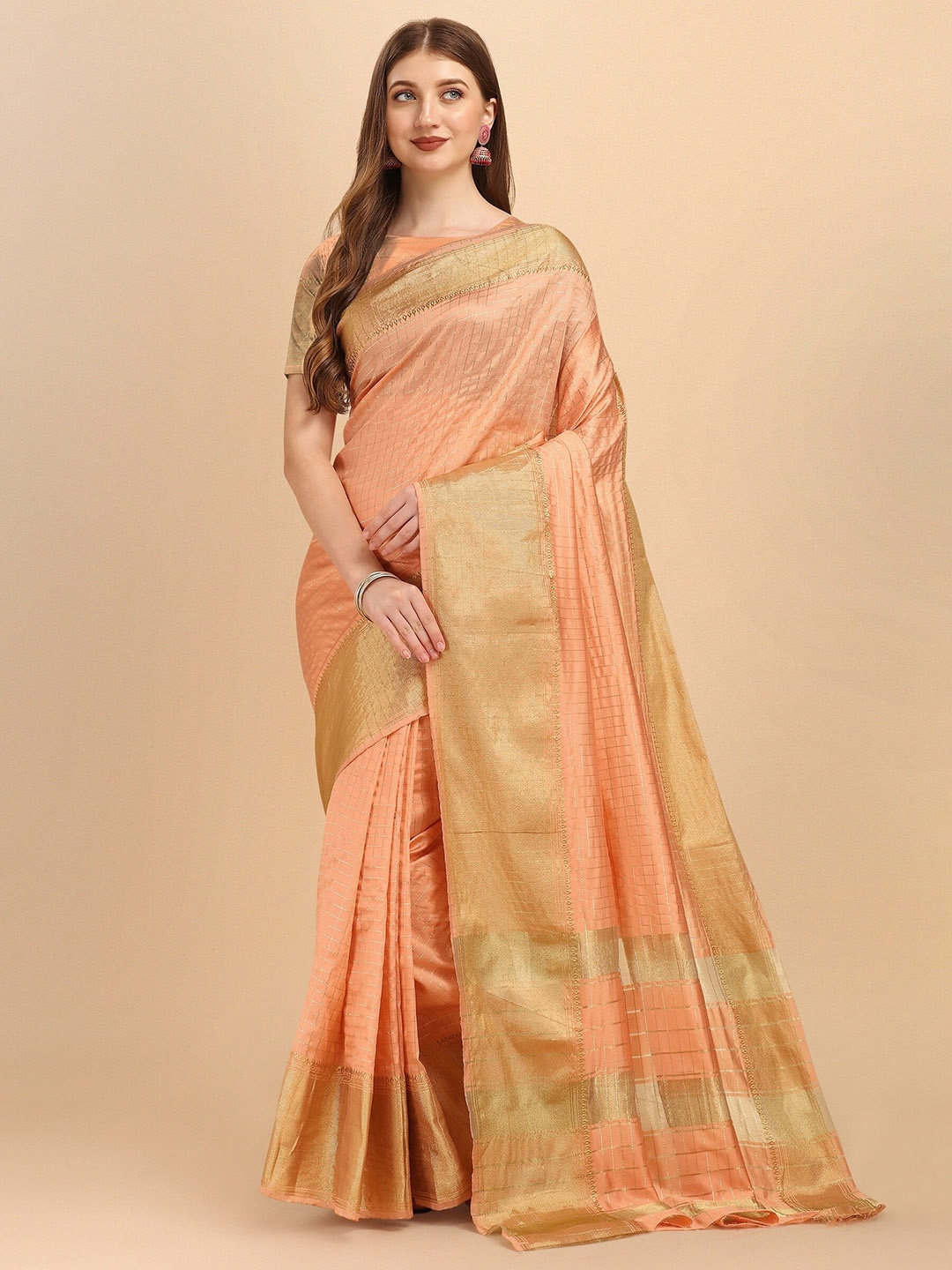 

Fashion Booms Checked Zari Pure Silk Banarasi Saree, Peach