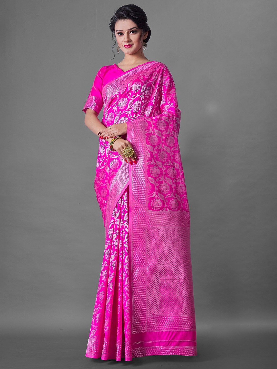 

Fashion Booms Floral Woven Design Zari Banarasi Saree, Pink