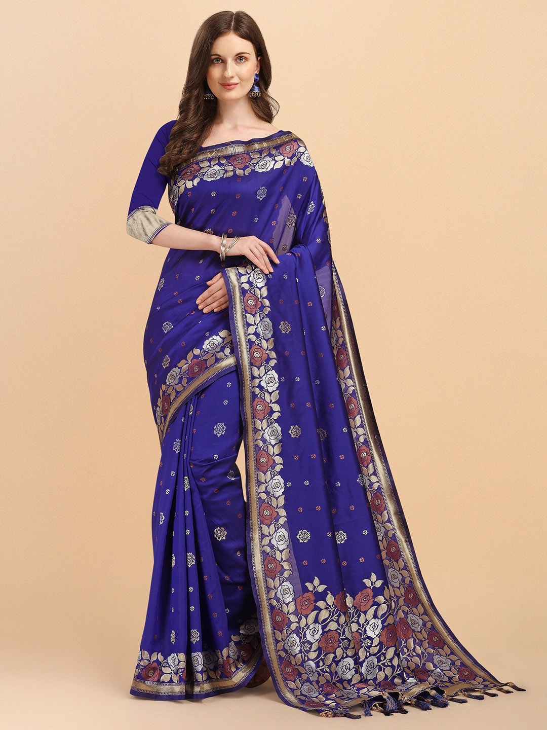 

Fashion Booms Floral Woven Design Zari Pure Silk Kanjeevaram Saree, Blue