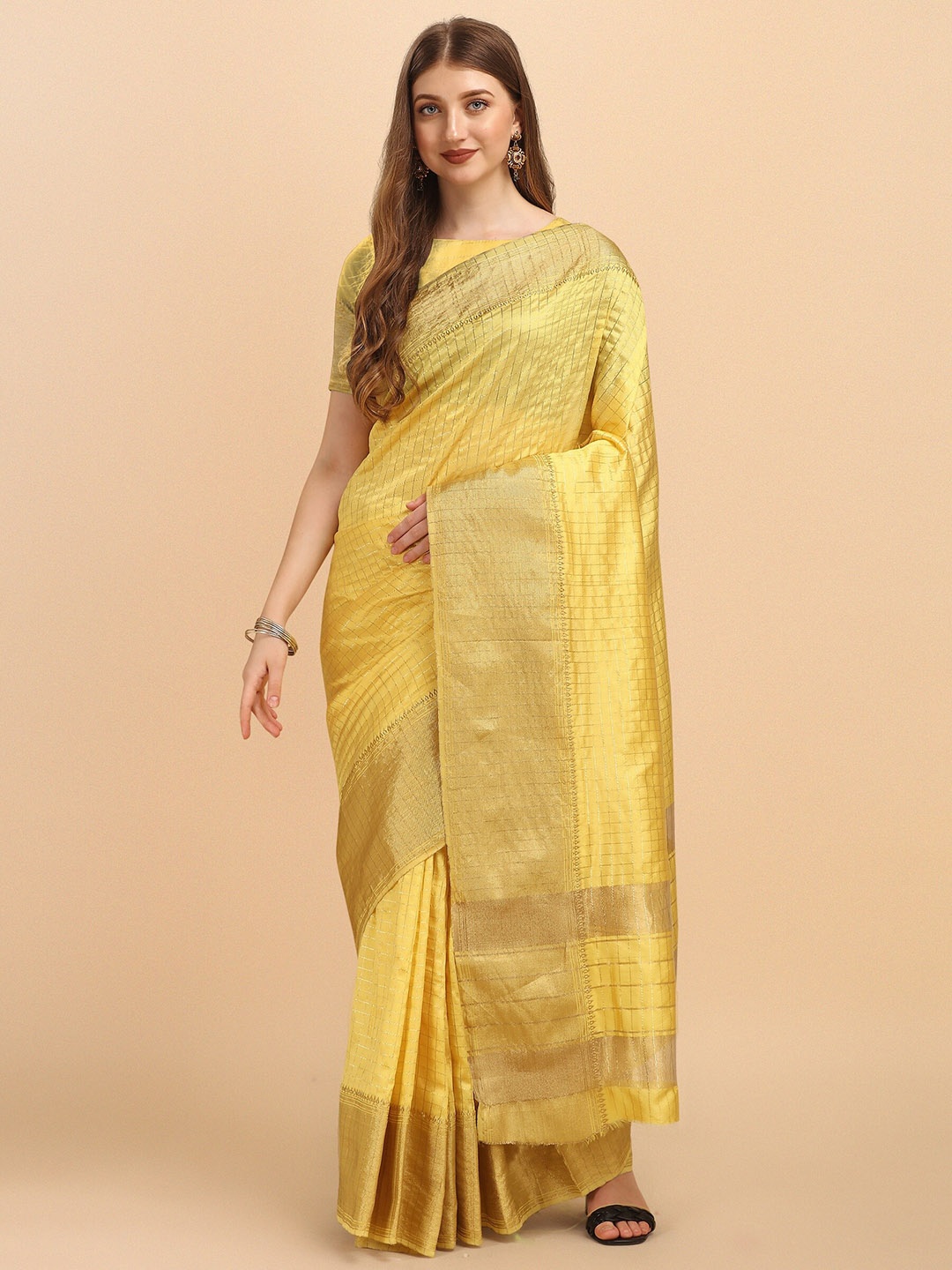 

Fashion Booms Checked Zari Pure Silk Banarasi Saree, Yellow