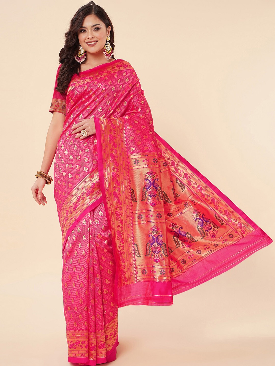 

Fashion Booms Ethnic Woven Design Zari Pure Silk Kanjeevaram Saree, Pink