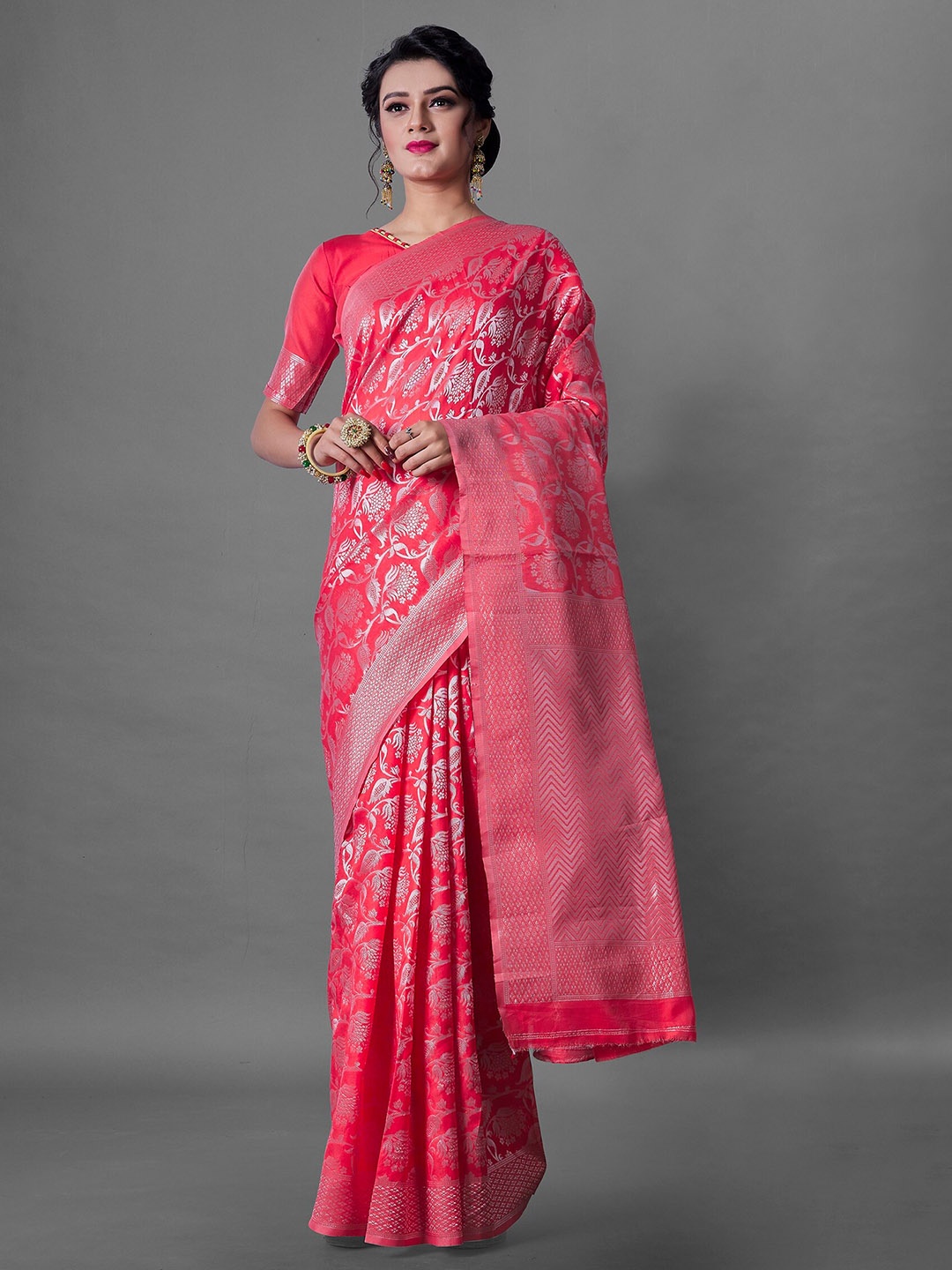 

Fashion Booms Floral Woven Design Zari Banarasi Saree, Red