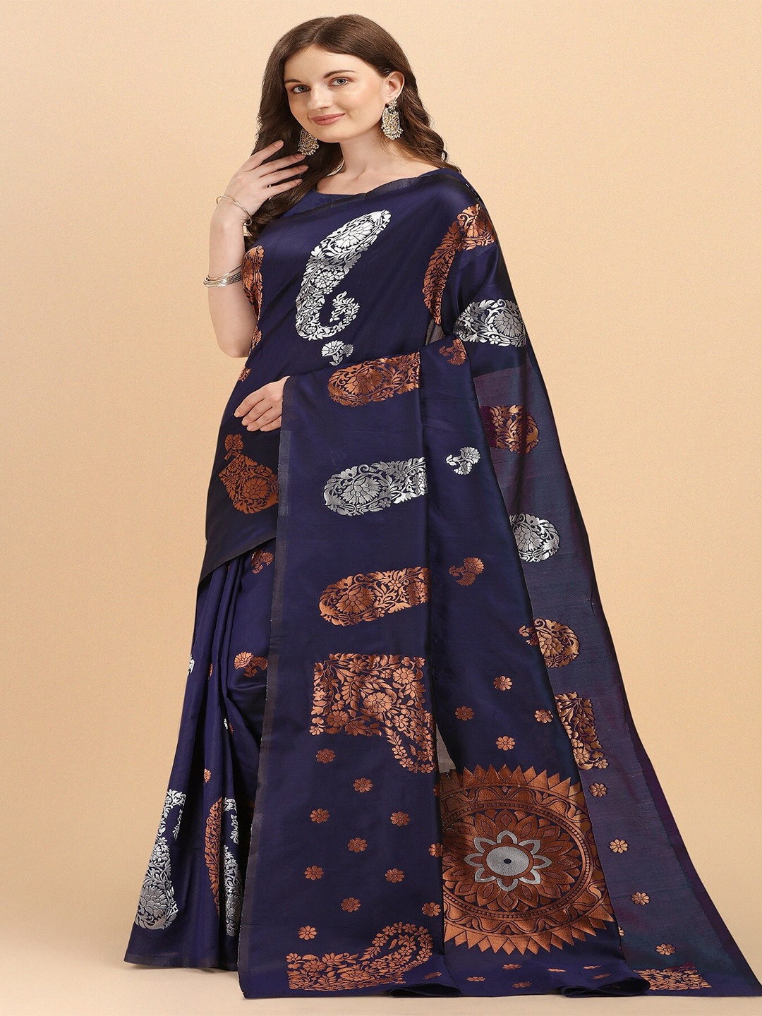 

Fashion Booms Paisley Woven Design Zari Pure Silk Banarasi Saree, Blue