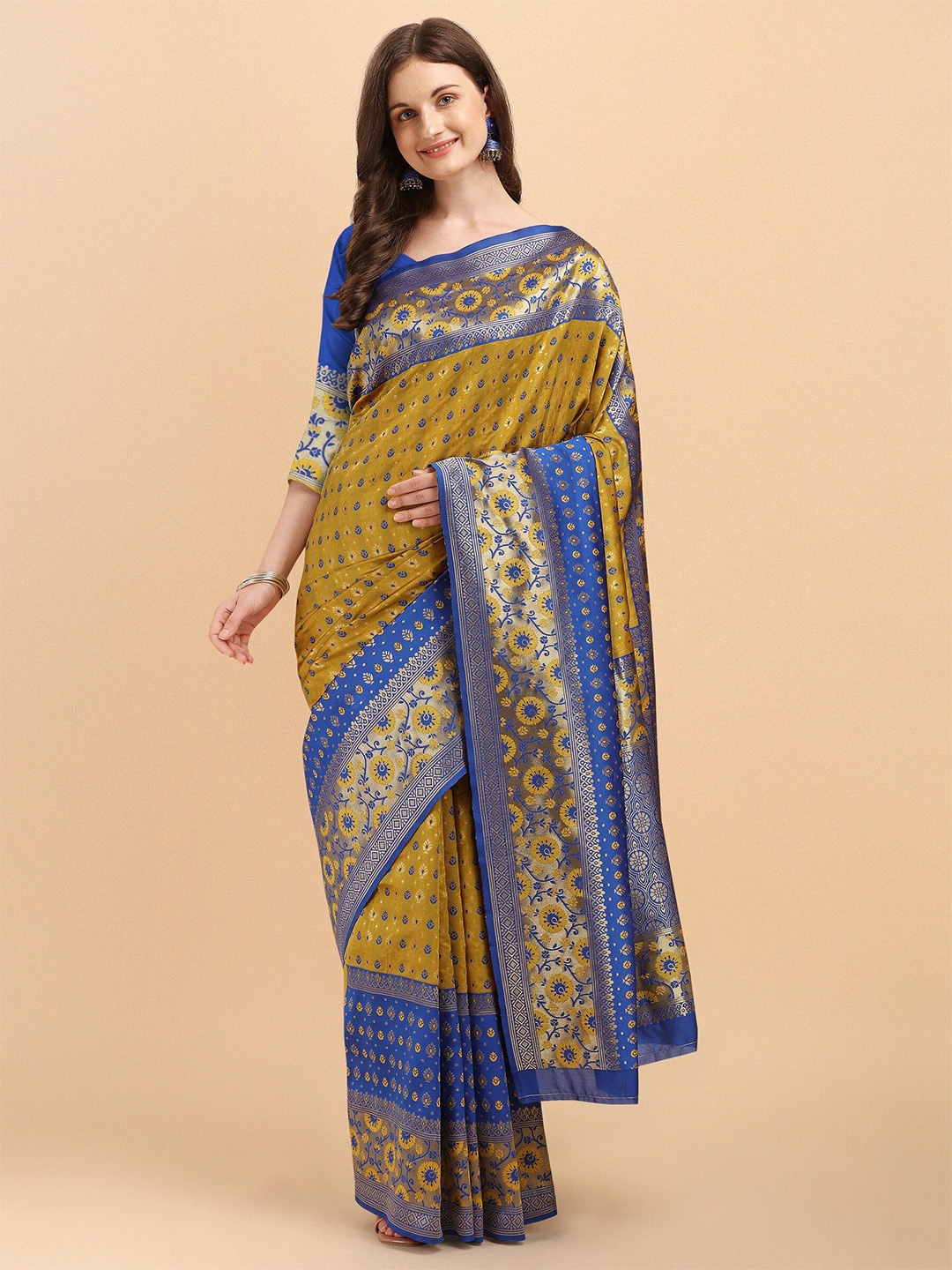 

Fashion Booms Ethnic Woven Design Zari Pure Silk Kanjeevaram Saree, Gold