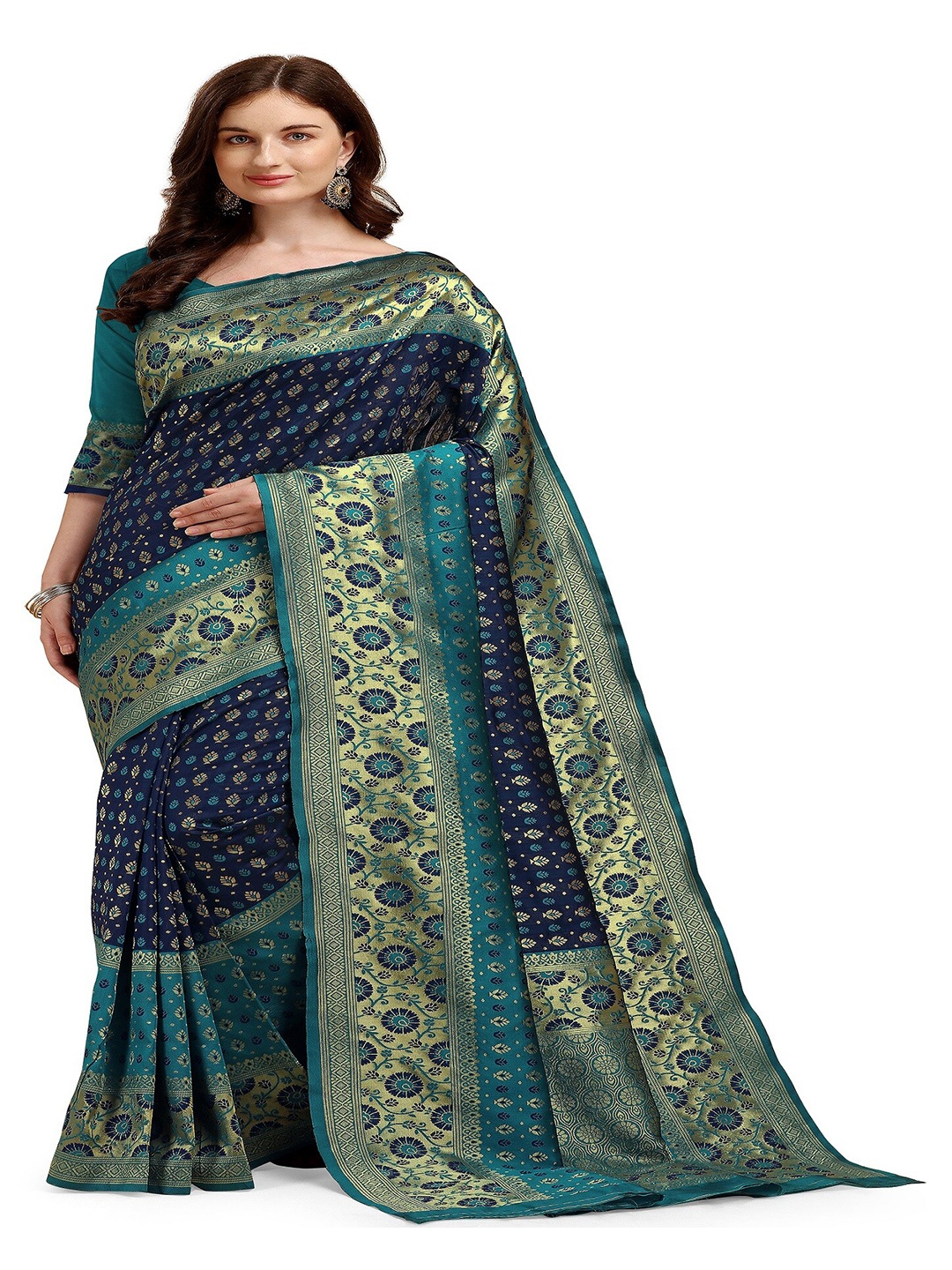 

Fashion Booms Floral Woven Design Zari Pure Silk Kanjeevaram Saree, Navy blue