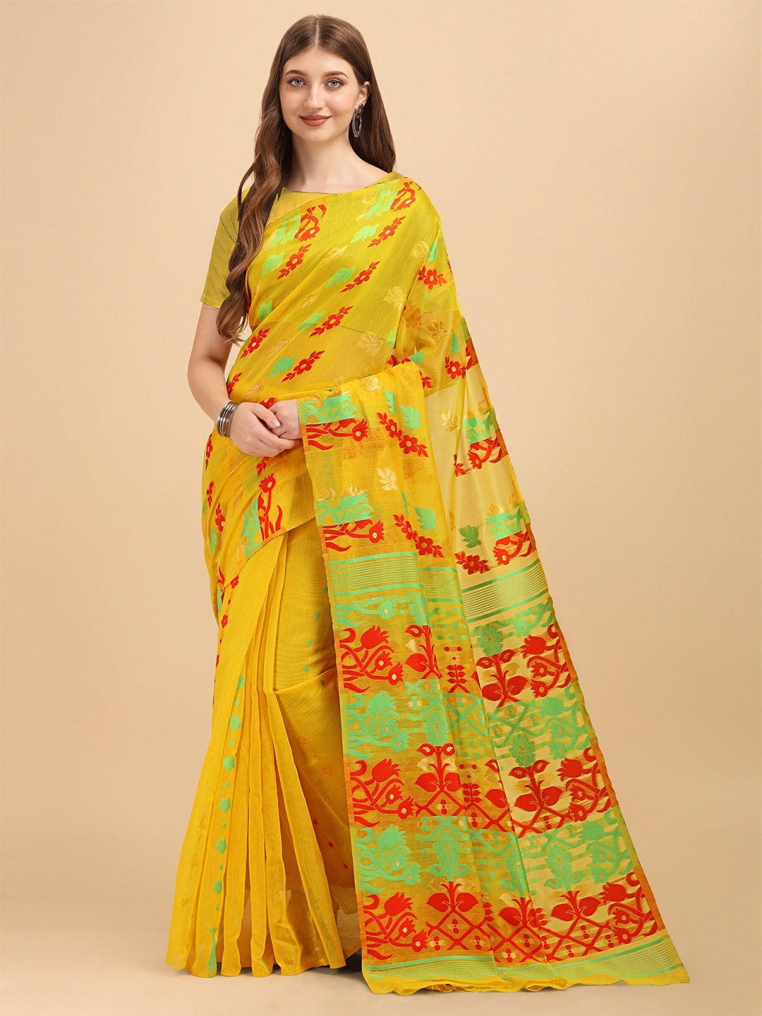 

Fashion Booms Floral Woven Design Pure Cotton Jamdani Saree, Yellow
