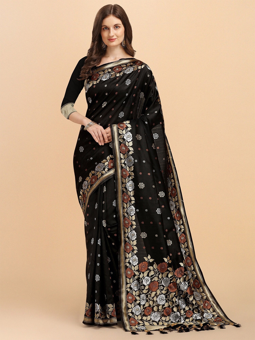 

Fashion Booms Floral Woven Design Zari Pure Silk Kanjeevaram Saree, Black
