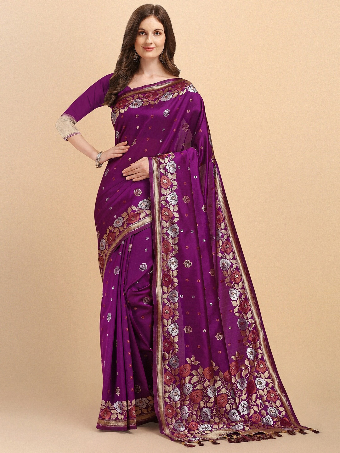 

Fashion Booms Floral Zari Pure Silk Kanjeevaram Saree, Purple