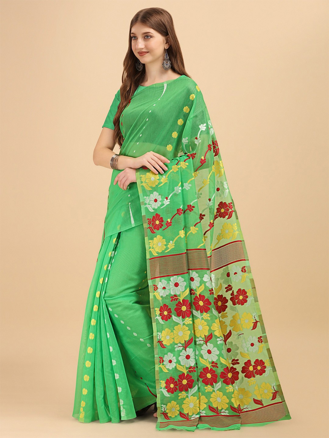 

Fashion Booms Floral Woven Design Pure Cotton Jamdani Saree, Green