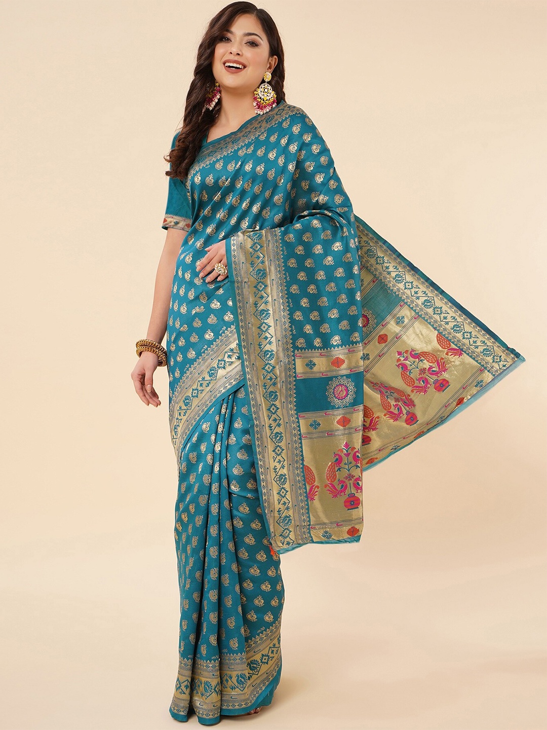 

Fashion Booms Ethnic Motif Woven Design Zari Pure Silk Kanjeevaram Saree, Blue