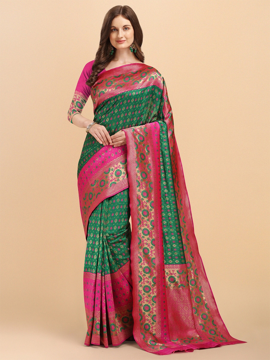 

Fashion Booms Floral Woven Design Zari Pure Silk Kanjeevaram Saree, Green