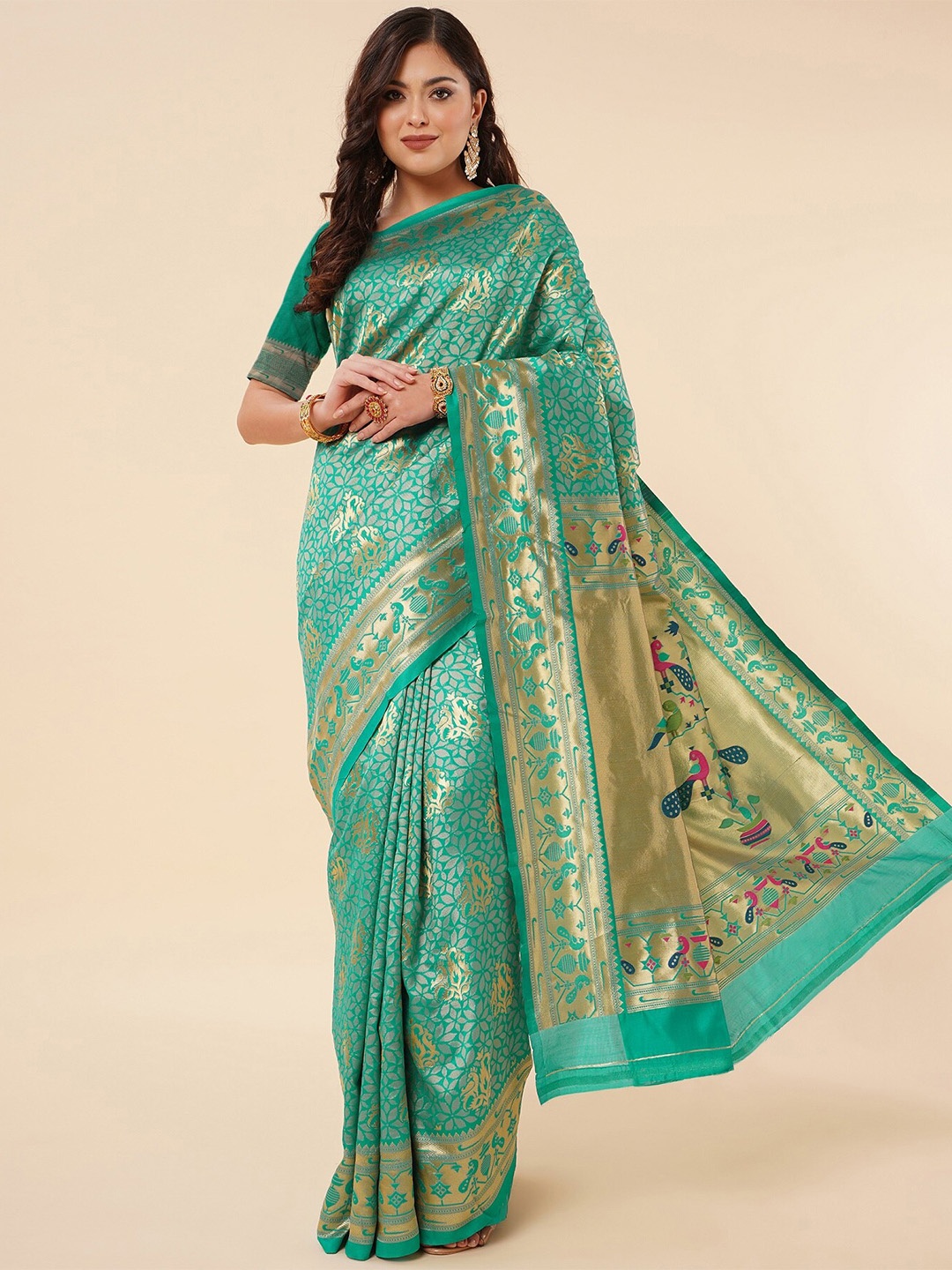 

Fashion Booms Ethnic Motifs Woven Design Zari Pure Silk Kanjeevaram Saree, Green