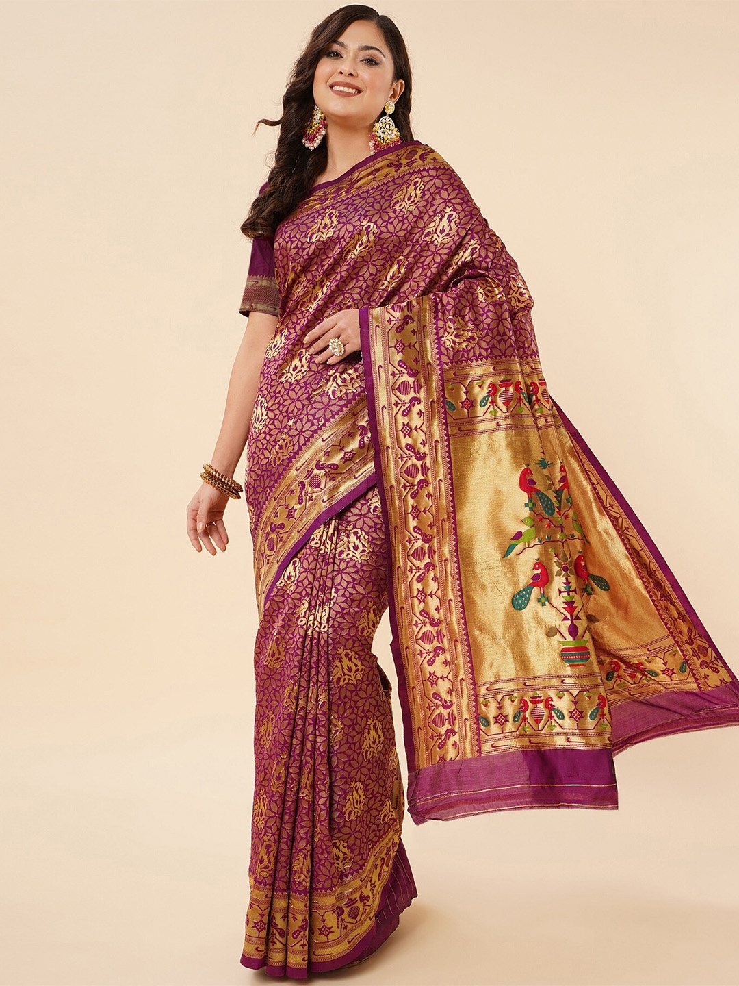 

Fashion Booms Ethnic Motif Woven Design Zari Pure Silk Kanjeevaram Saree, Purple