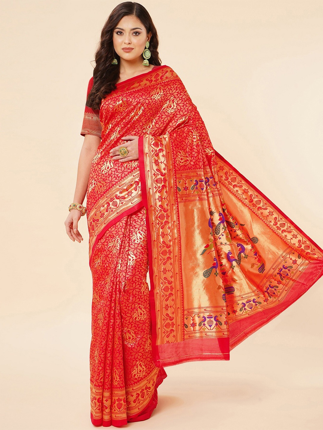 

Fashion Booms Ethnic Motifs Woven Design Zari Pure Silk Kanjeevaram Saree, Red