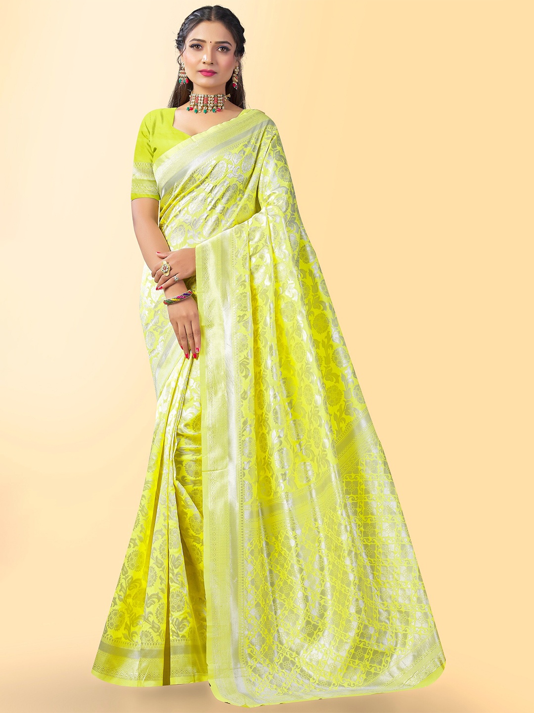 

Fashion Booms Floral Woven Design Zari Pure Silk Kanjeevaram Saree, Green