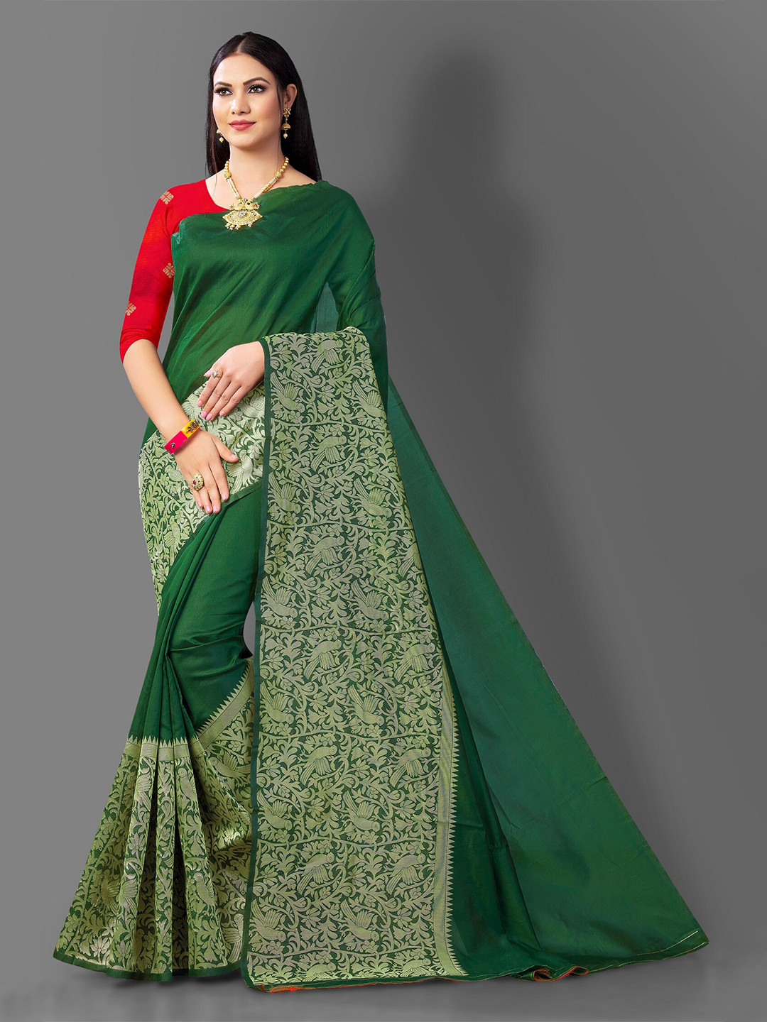 

Fashion Booms Ethnic Motif Woven Design Zari Banarasi Saree, Green