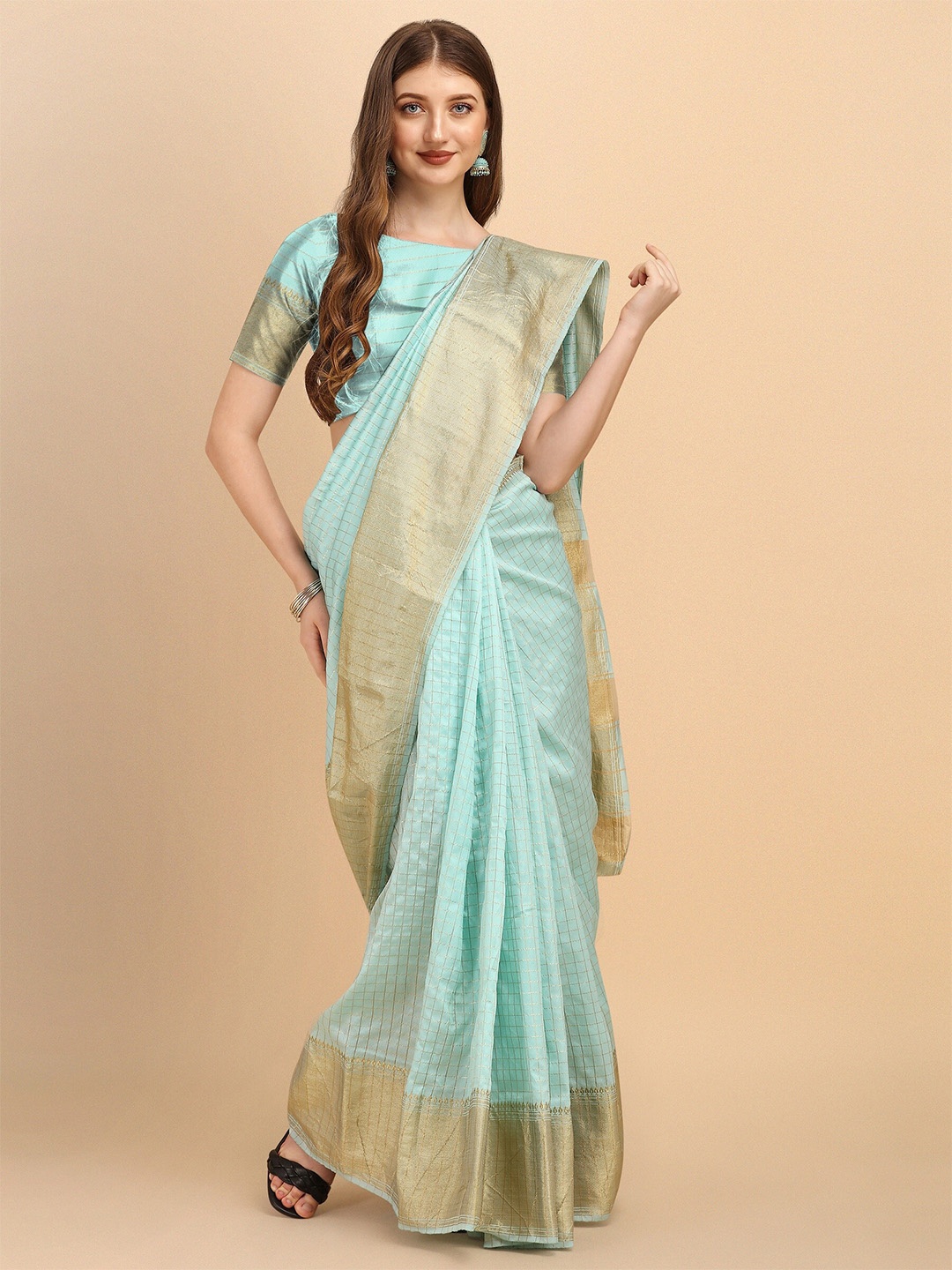 

Fashion Booms Checked Zari Pure Silk Banarasi Saree, Blue