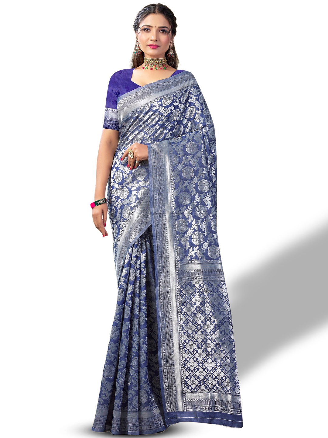 

Fashion Booms Floral Woven Design Zari Pure Silk Kanjeevaram Saree, Blue