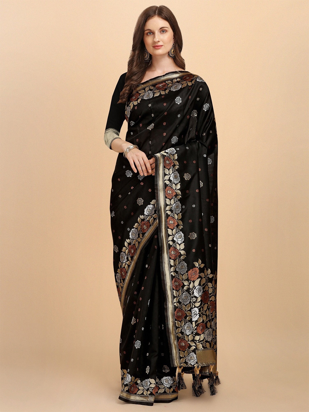 

Fashion Booms Floral Woven Design Zari Pure Silk Kanjeevaram Saree, Black