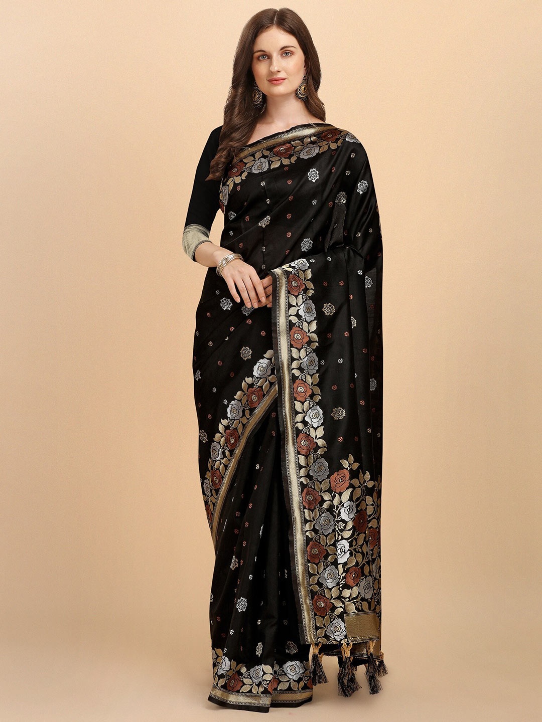 

Fashion Booms Floral Woven Design Zari Pure Silk Kanjeevaram Saree, Black