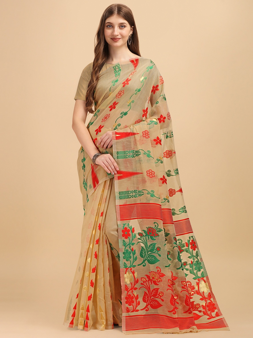 

Fashion Booms Floral Woven Design Pure Cotton Jamdani Saree, Beige