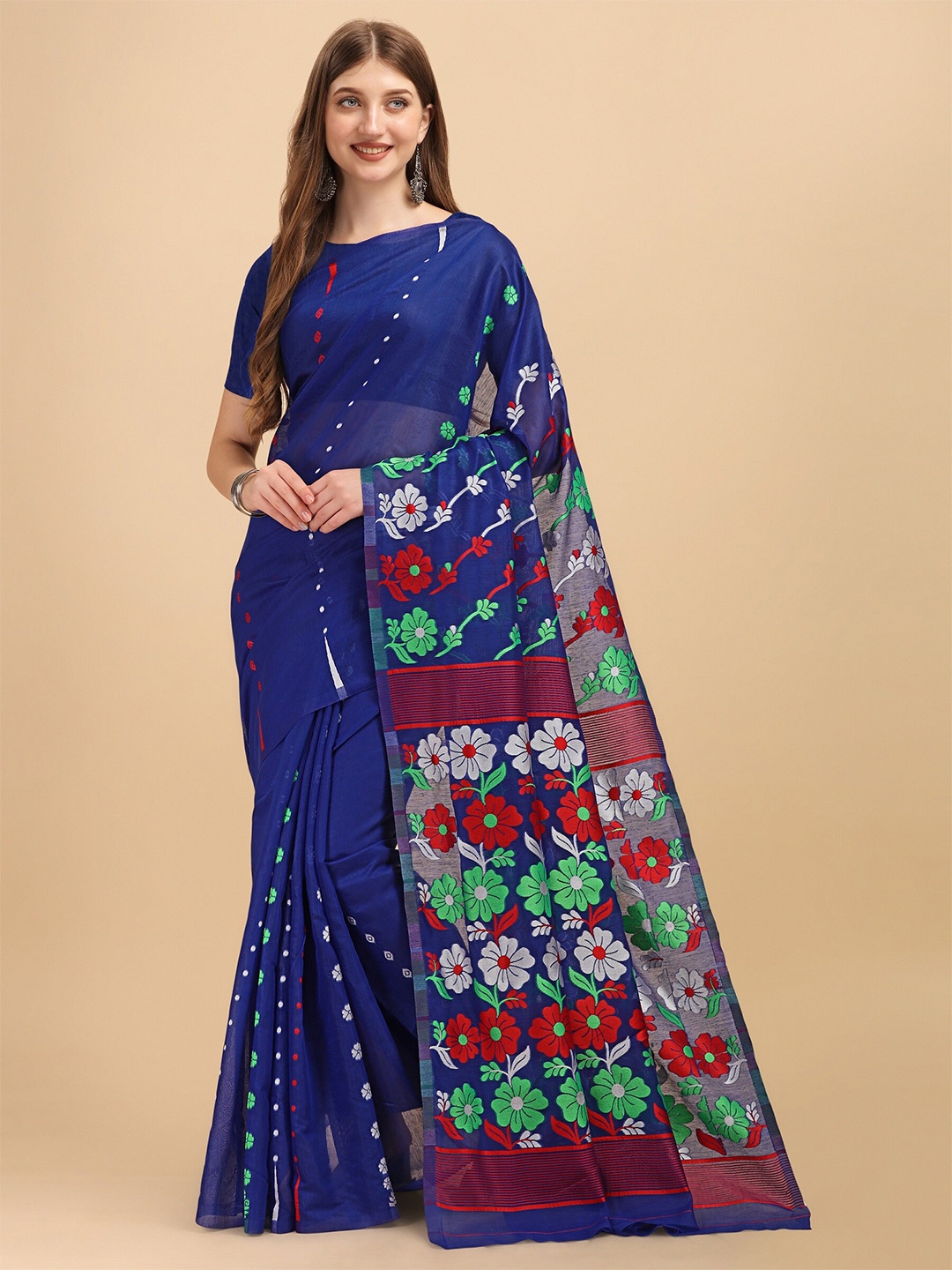 

Fashion Booms Floral Woven Design Pure Cotton Jamdani Saree, Blue
