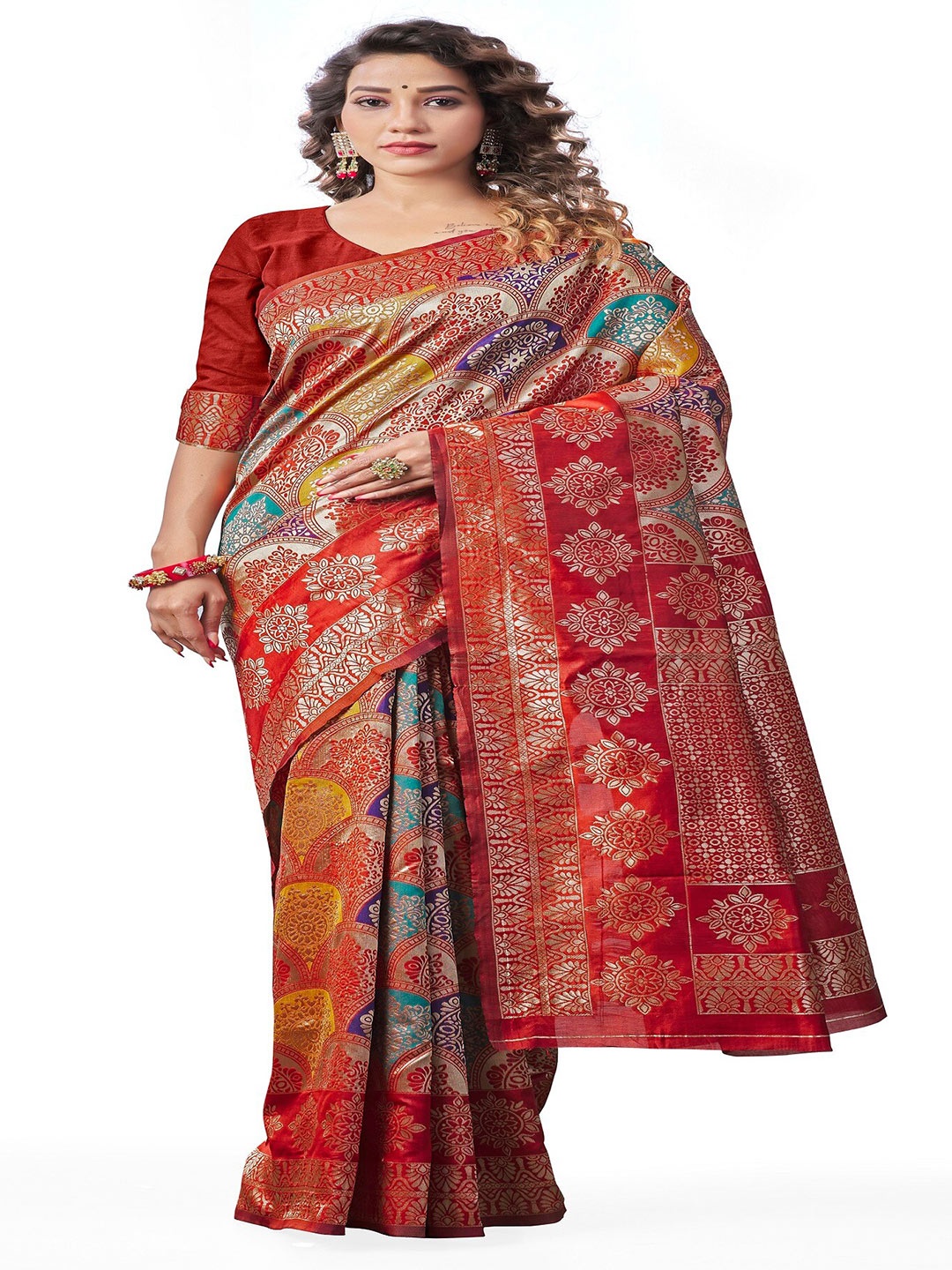 

Fashion Booms Ethnic Woven Design Zari Pure Silk Kanjeevaram Saree, Red