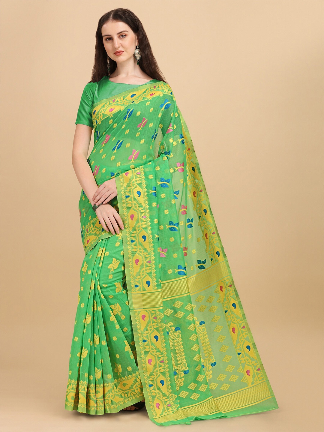

Fashion Booms Floral Woven Design Pure Cotton Jamdani Saree, Green