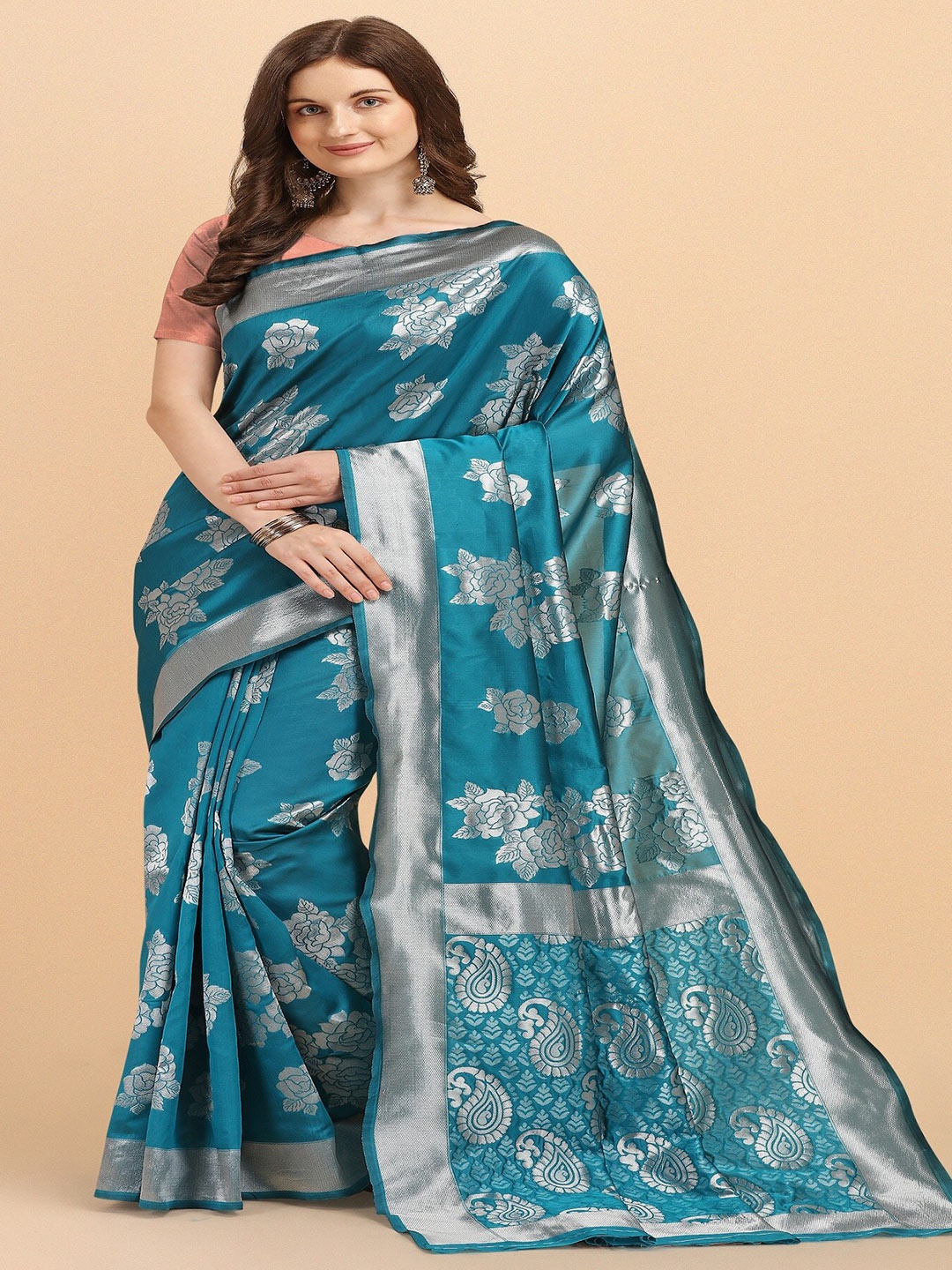 

Fashion Booms Ethnic Woven Design Zari Pure Silk Kanjeevaram Saree, Teal