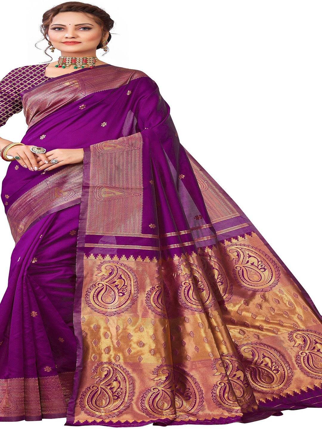 

Fashion Booms Ethnic Woven Design Zari Pure Silk Kanjeevaram Saree, Purple