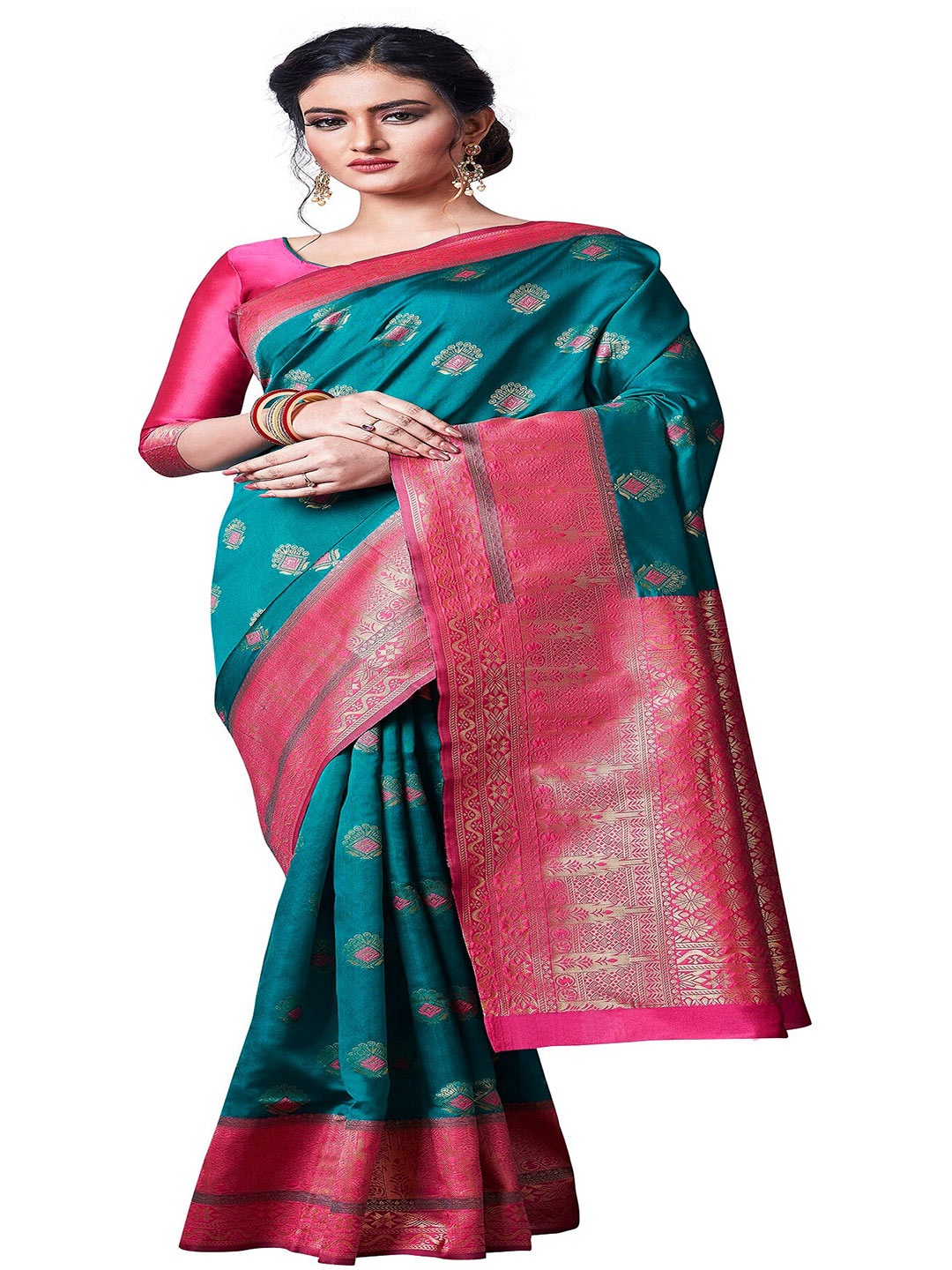 

Fashion Booms Ethnic Woven Design Zari Pure Silk Kanjeevaram Saree, Green