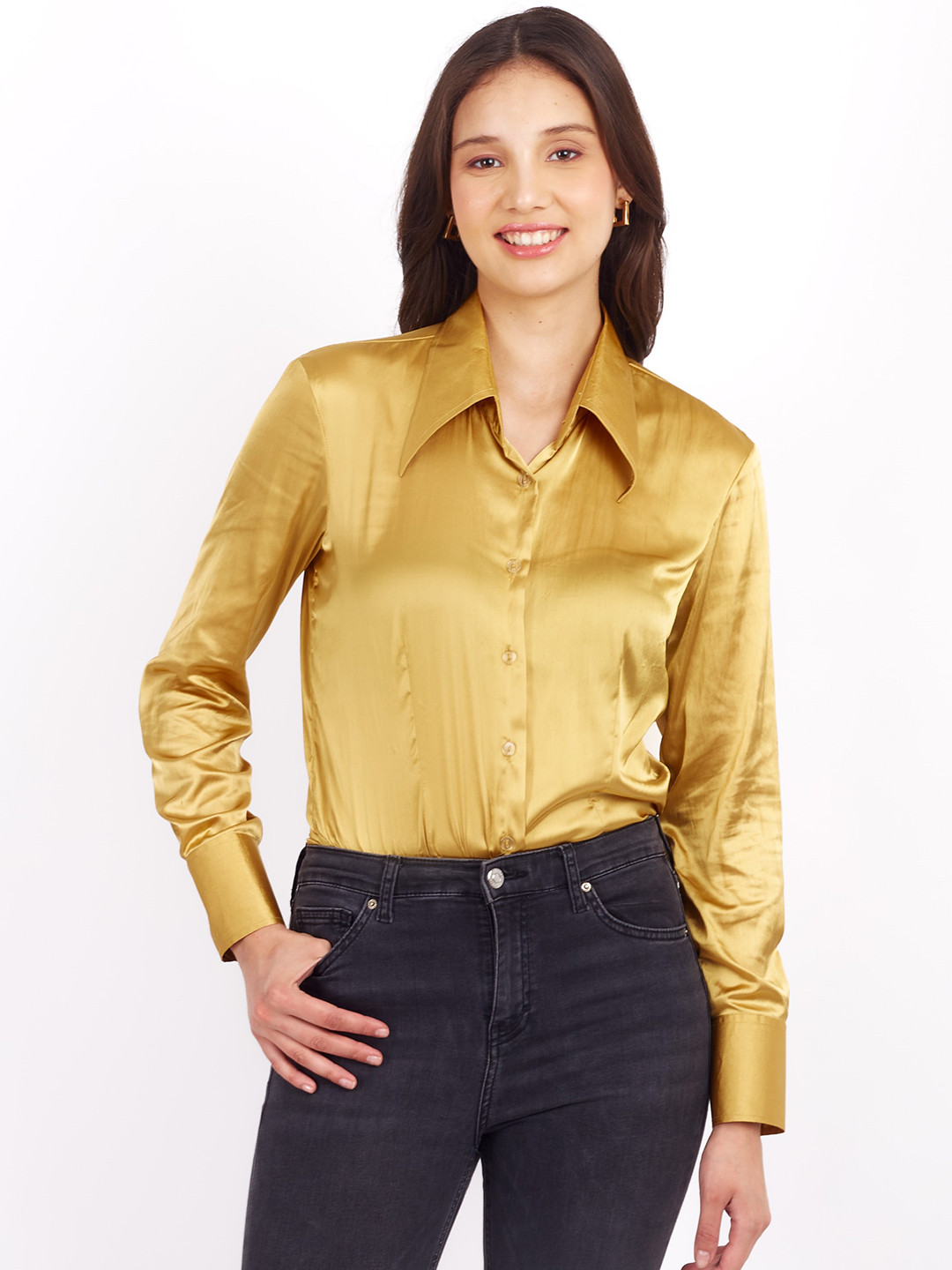 

SHABERRY Standard Satin Casual Shirt, Gold