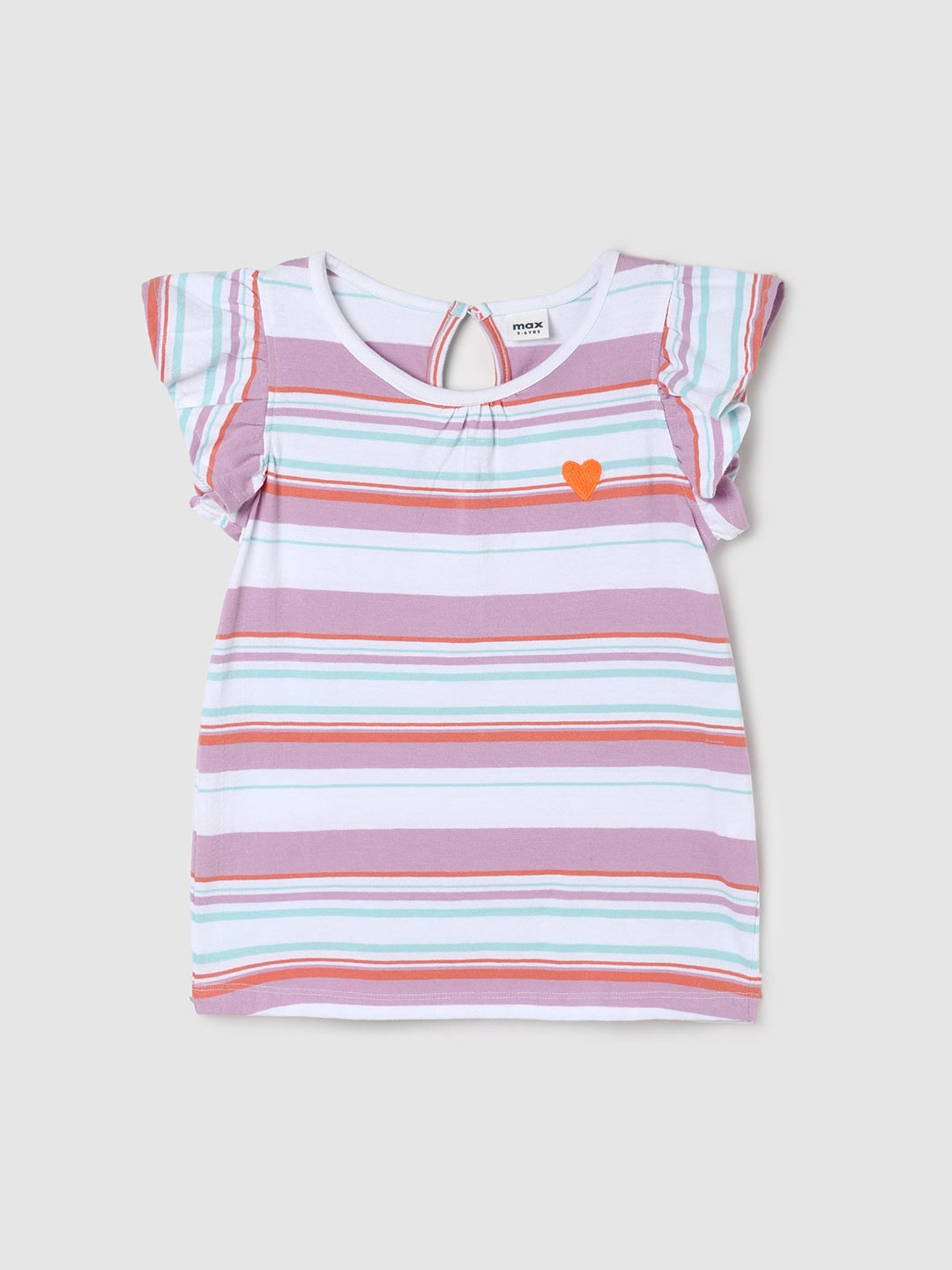 

max Girls Horizontal Striped Flutter Sleeves Pure Cotton Top, White