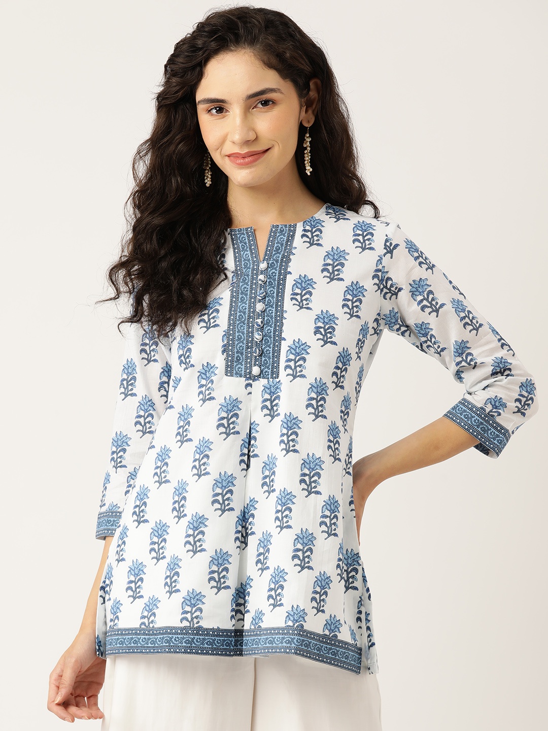 

Jaipur Morni Ethnic Motifs Printed Pure Cotton Tiered Kurti, White