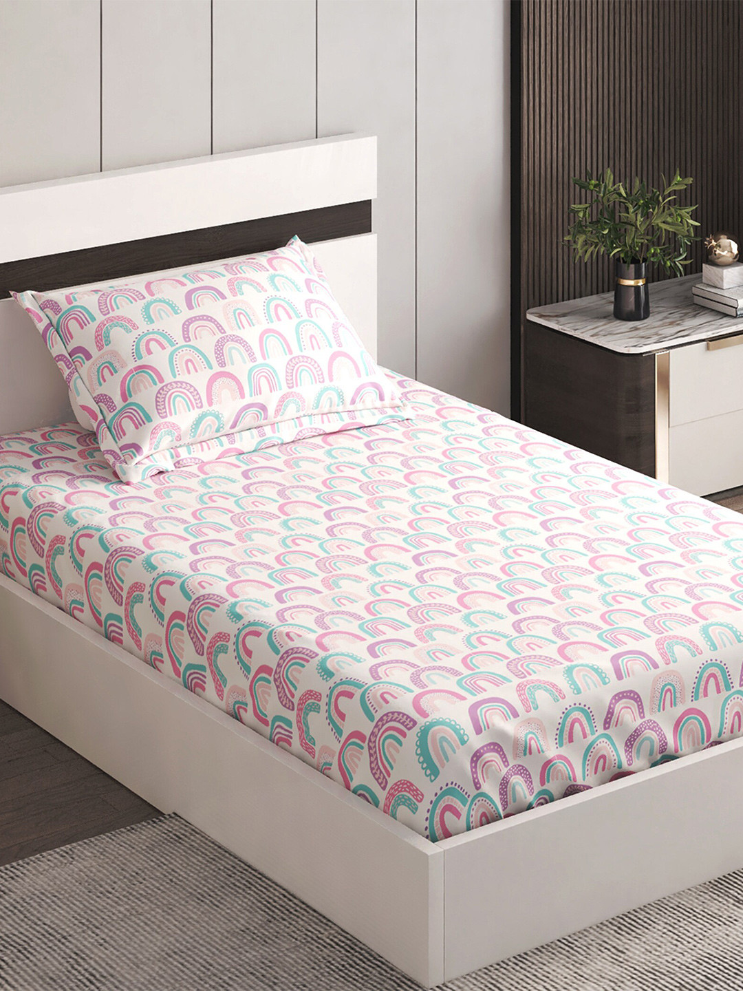 

Home Centre Slate White & Pink Graphic 150 TC Single Bedsheet with 1 Pillow Cover