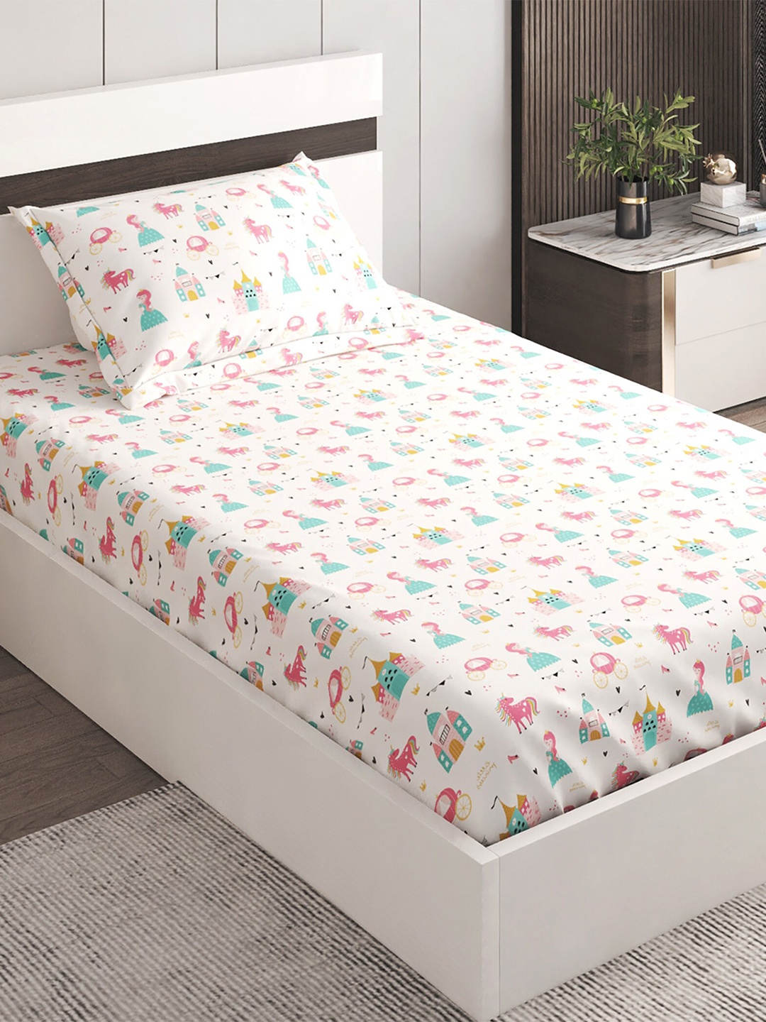 

Home Centre Slate White & Pink Cartoon Characters 150 TC Single Bedsheet Pillow Cover