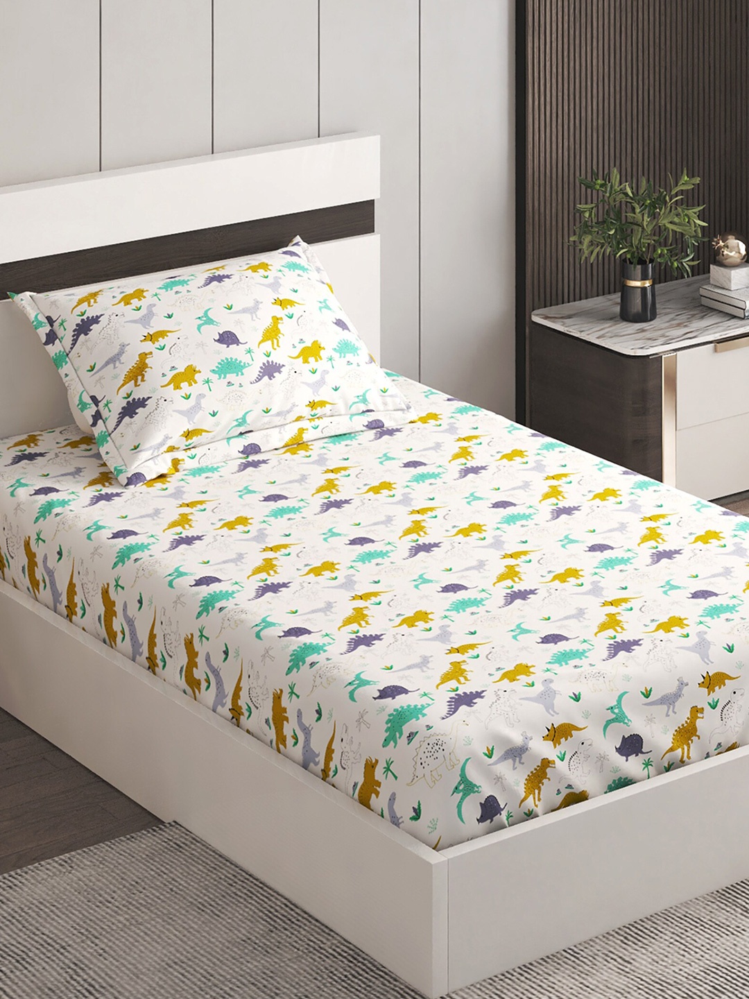 

Home Centre Slate White & Yellow Cotton Graphic 150 TC Single Bedsheet with 1 Pillow Cover