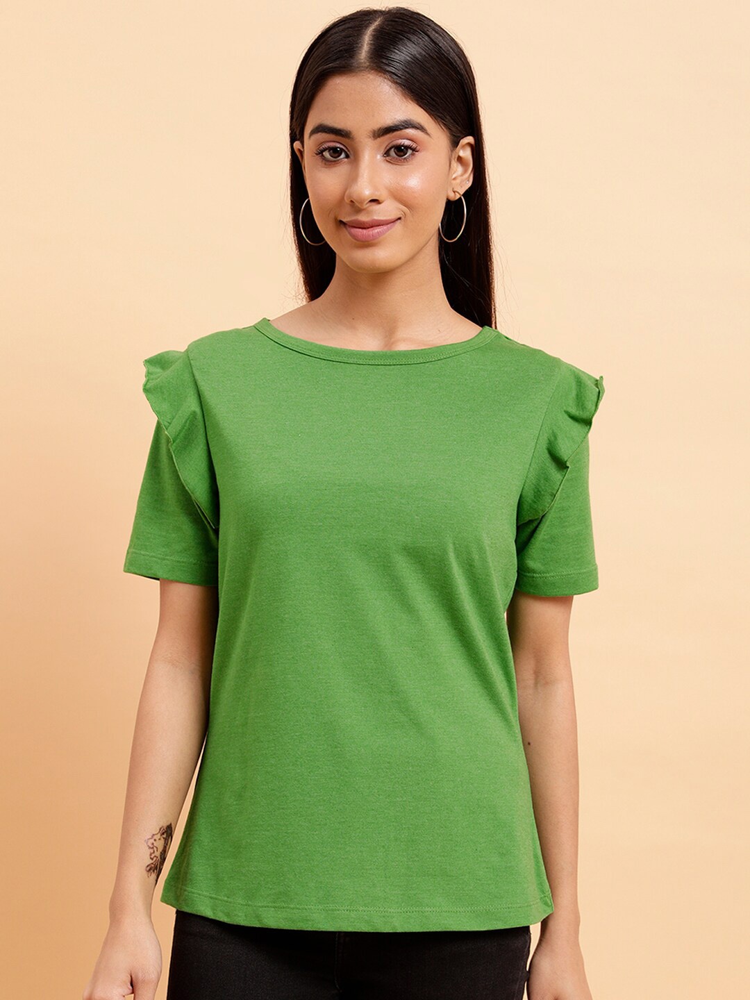

MINT STREET Boat Neck Ruffle Sleeve Pure Cotton T-shirt, Green