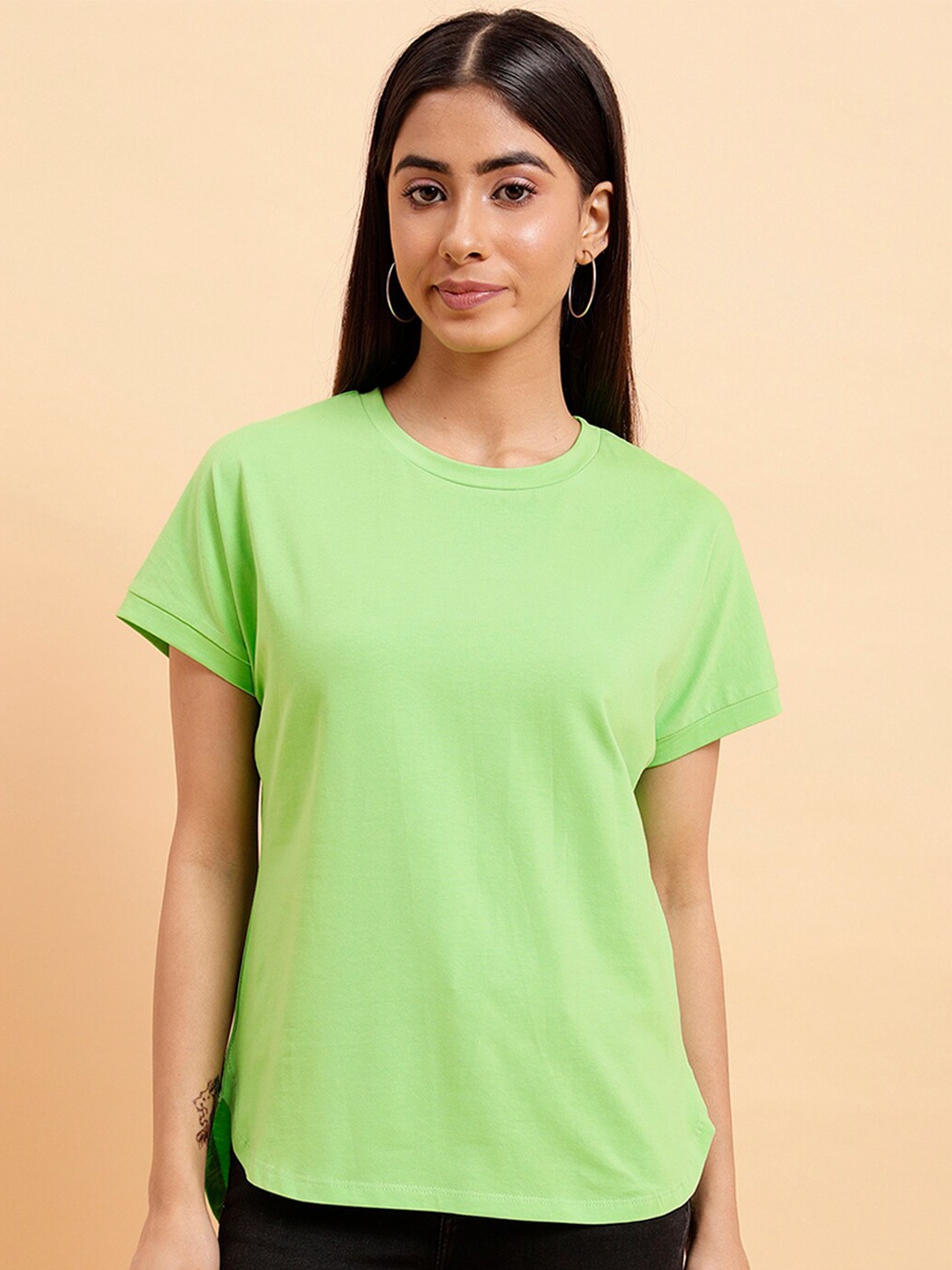 

MINT STREET Round Neck Extended Sleeve Pure Cotton T-shirt, Green