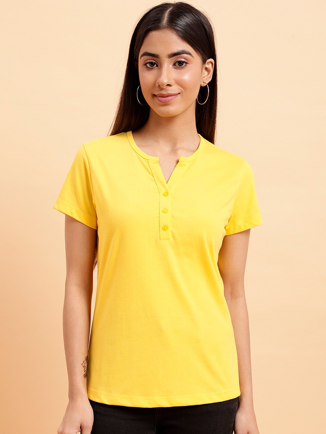 

MINT STREET Henley Neck Pure Cotton Casual T-shirt, Yellow