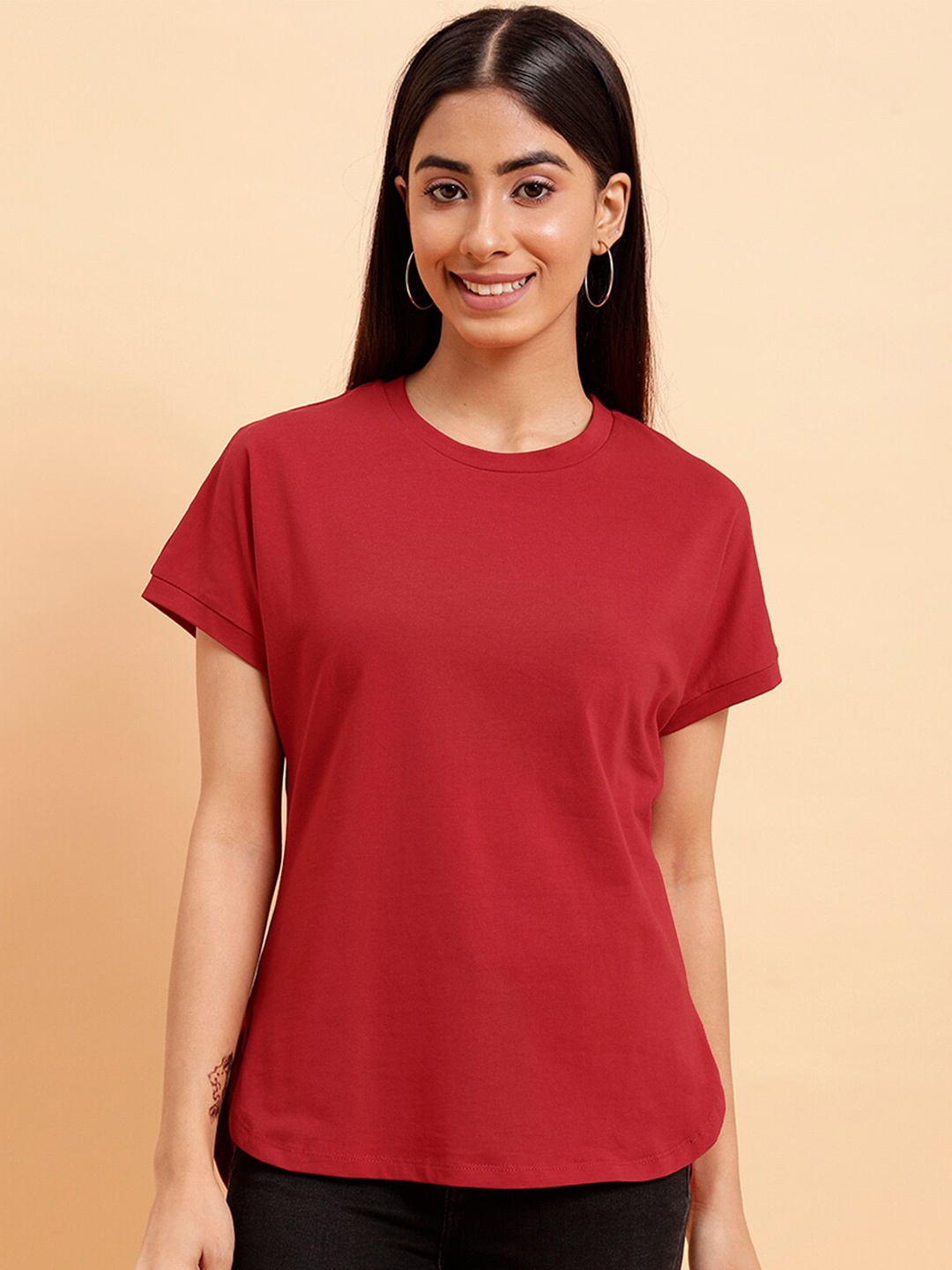 

MINT STREET Round Neck Pure Cotton Casual T-shirt, Red