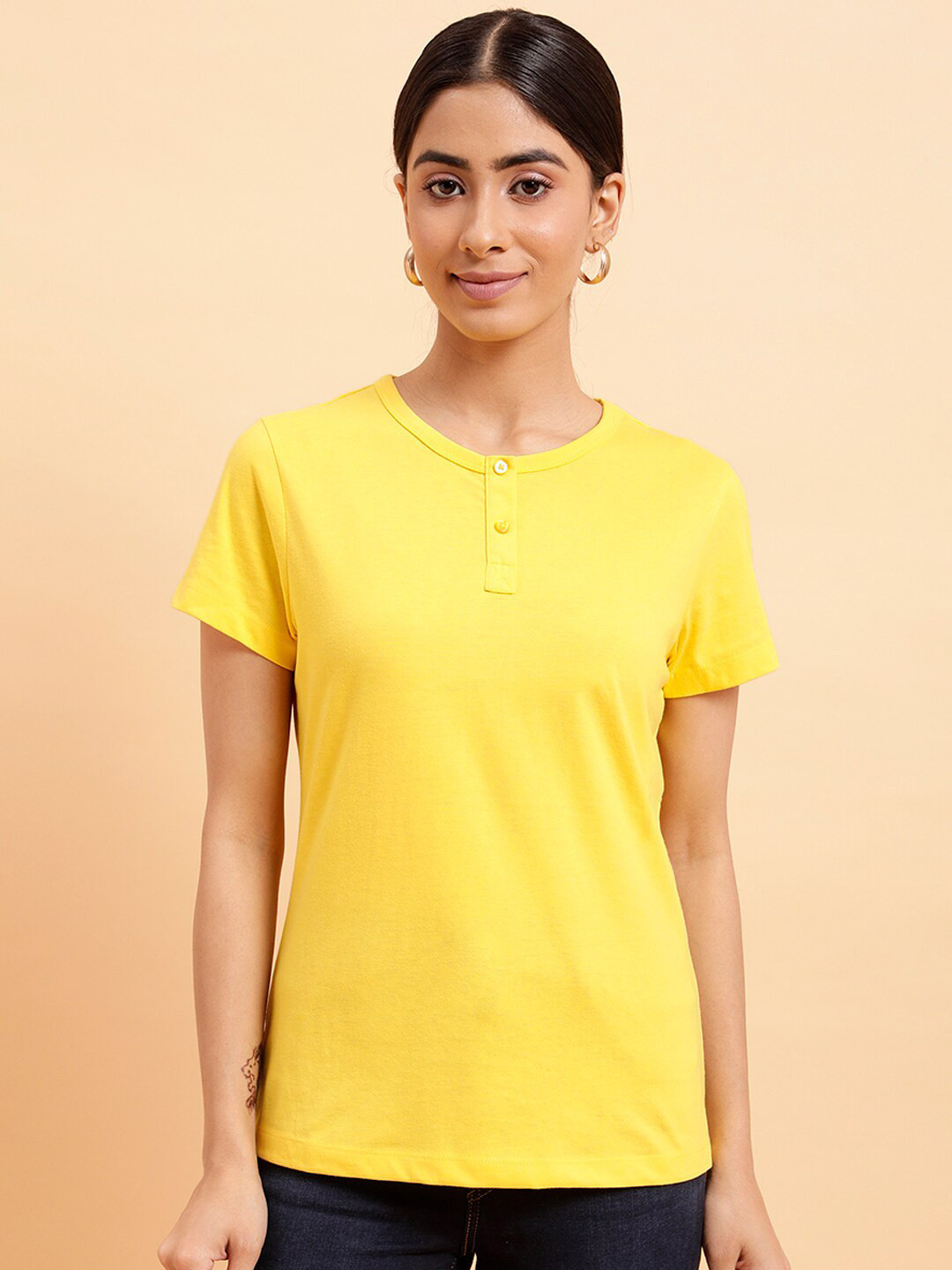 

MINT STREET Henley Neck Pure Cotton Casual T-shirt, Yellow