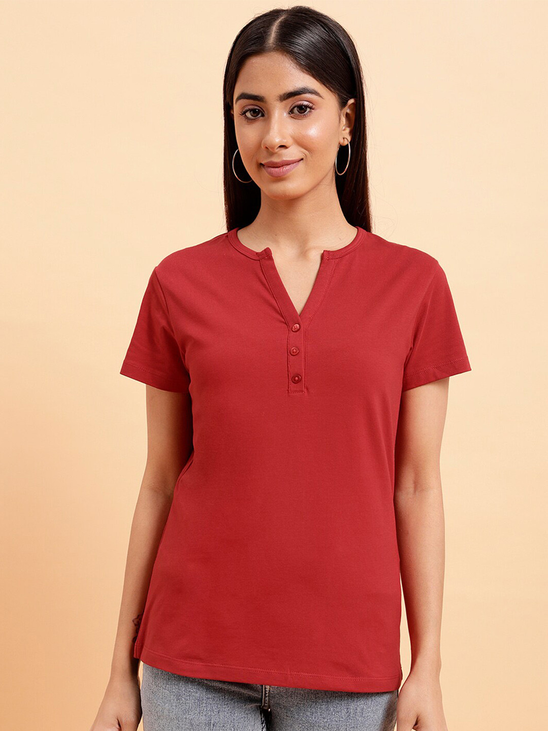 

MINT STREET Henley Neck Pure Cotton T-shirt, Rust