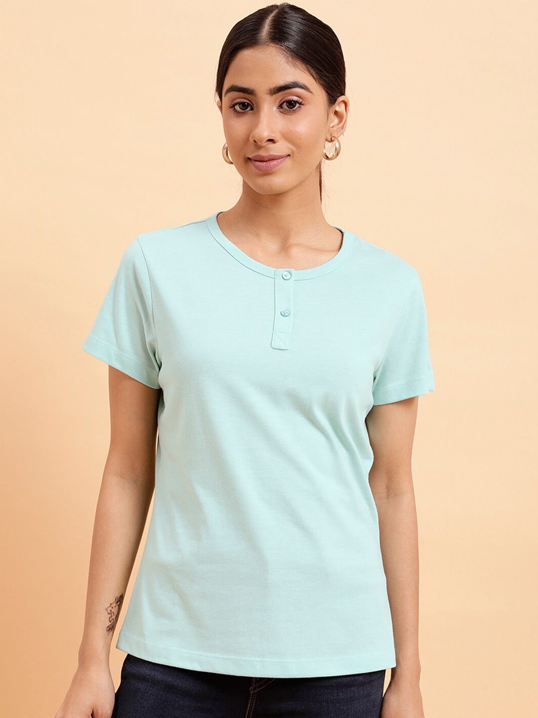 

MINT STREET Henley Neck Pure Cotton T-shirt, Sea green