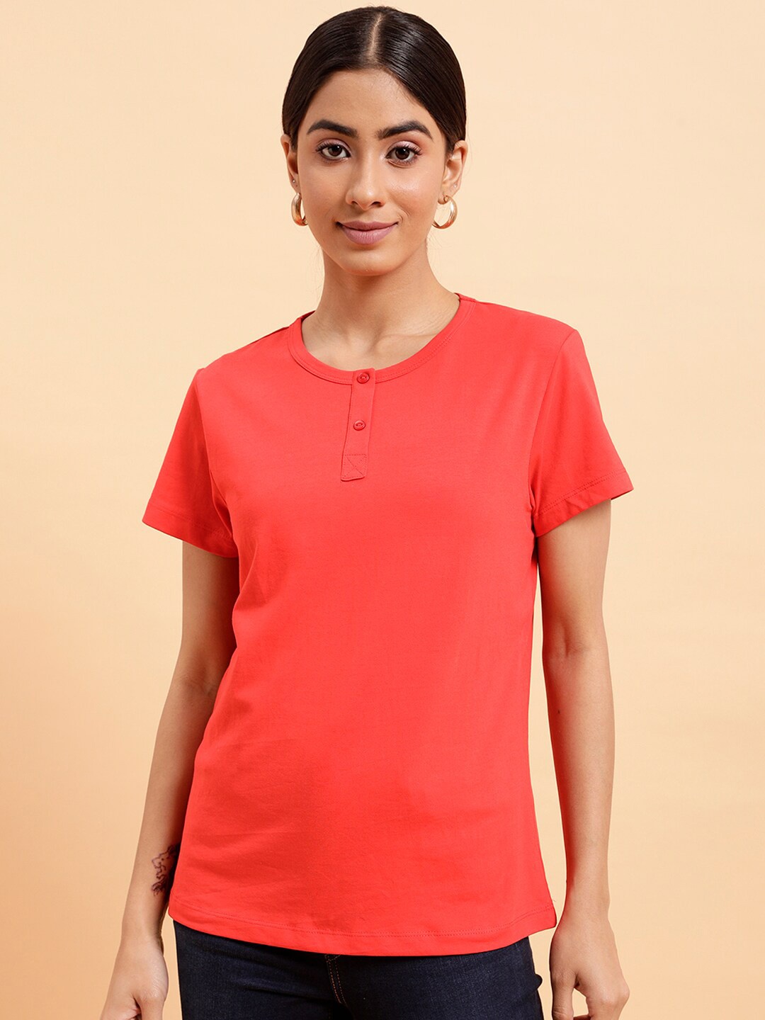

MINT STREET Henley Neck Pure Cotton T-shirt, Coral