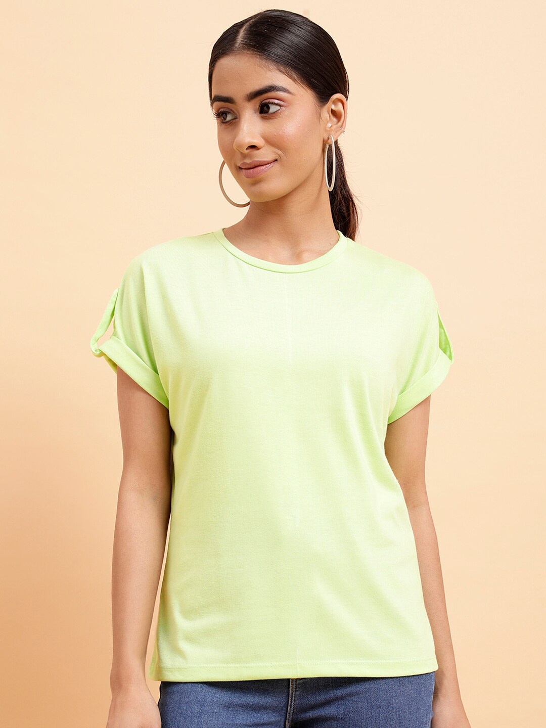 

MINT STREET Extended Sleeves Pure Cotton Casual T-shirt, Lime green