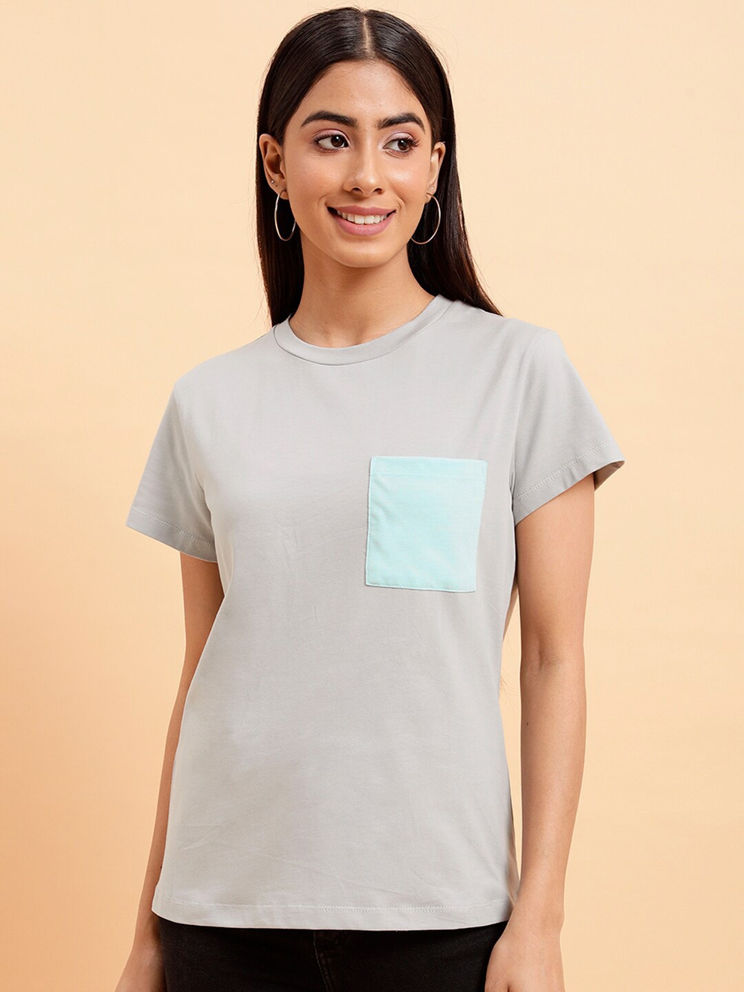 

MINT STREET Round Neck Pure Cotton Casual T-shirt, Grey