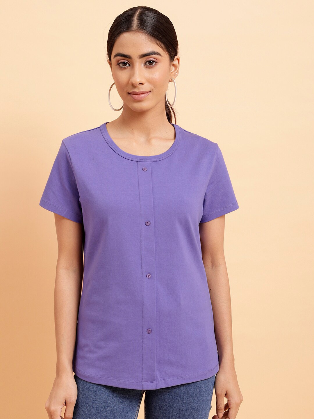 

MINT STREET Round Neck Pure Cotton Casual T-shirt, Lavender