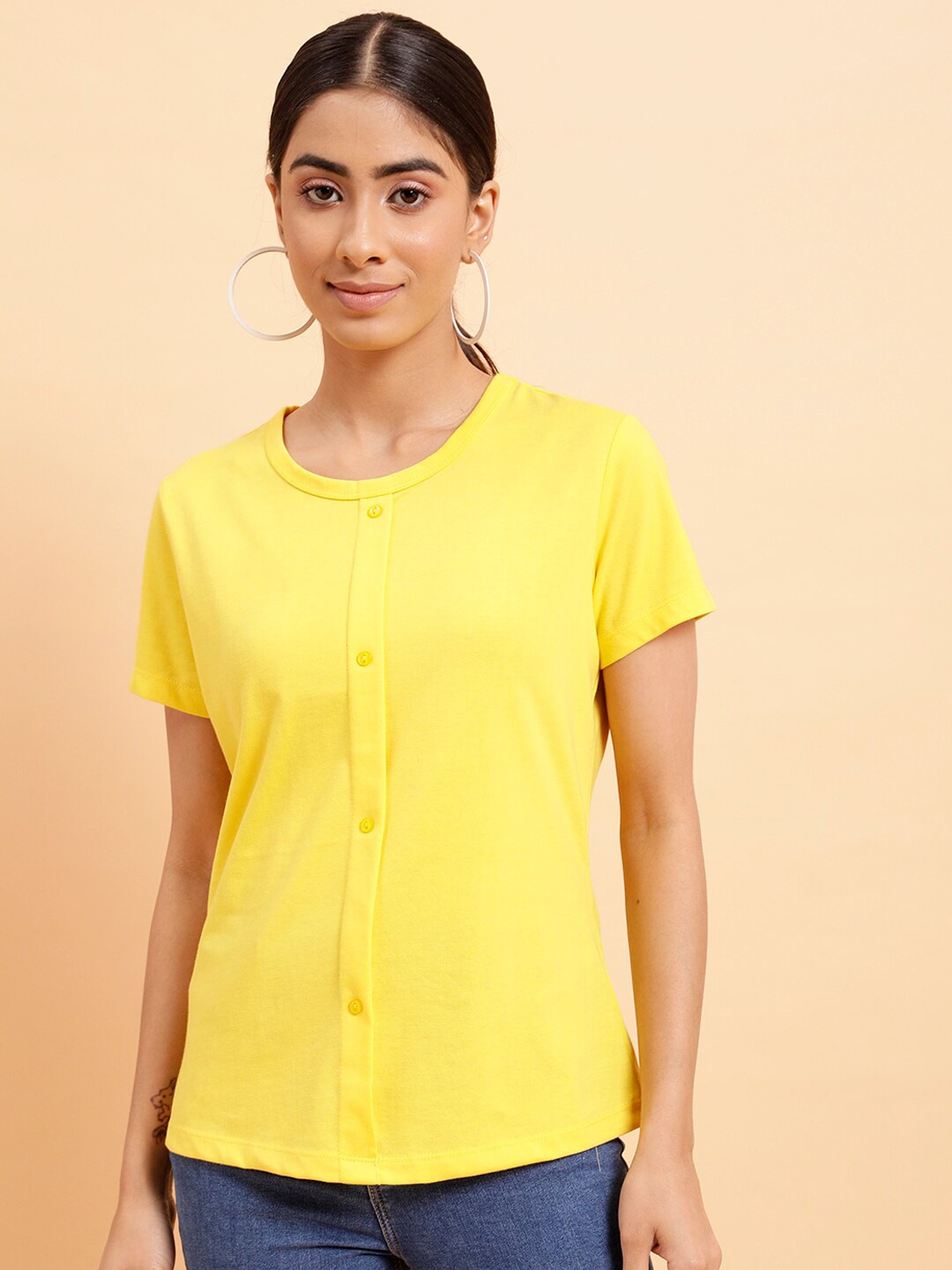 

MINT STREET Round Neck Pure Cotton Top, Yellow